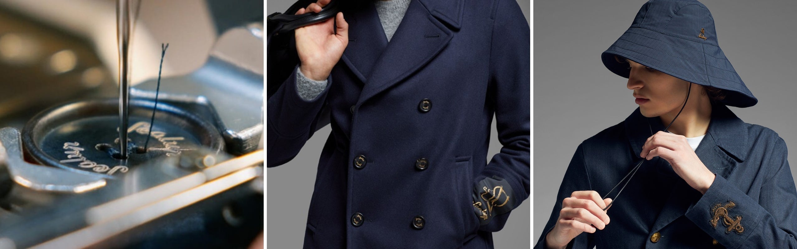 Sealup uomo: manifattura italiana bottone, indossati peacoat e cappello Sud Ovest blu. Overcoat artigianali | Setaccio online
