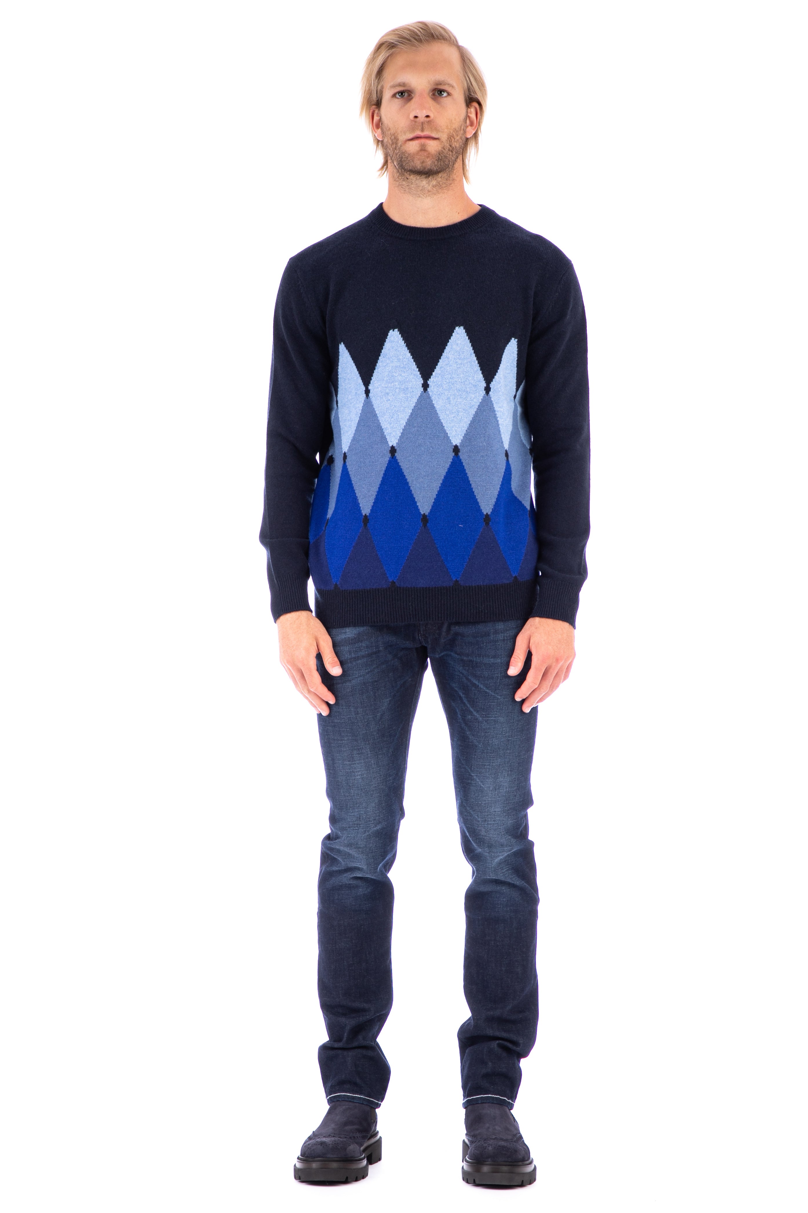 Crew-neck sweater in argyle cashmere