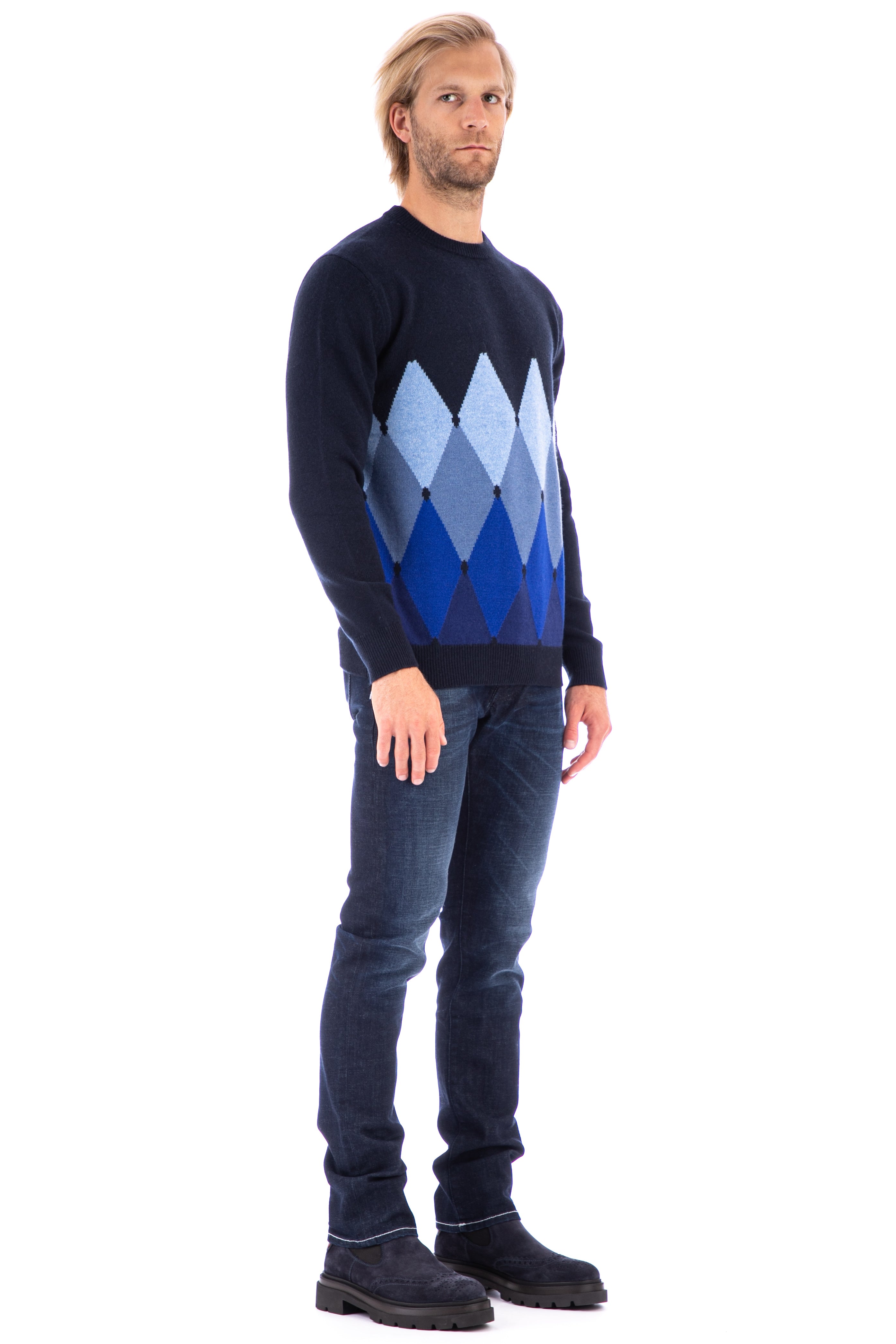 Crew-neck sweater in argyle cashmere