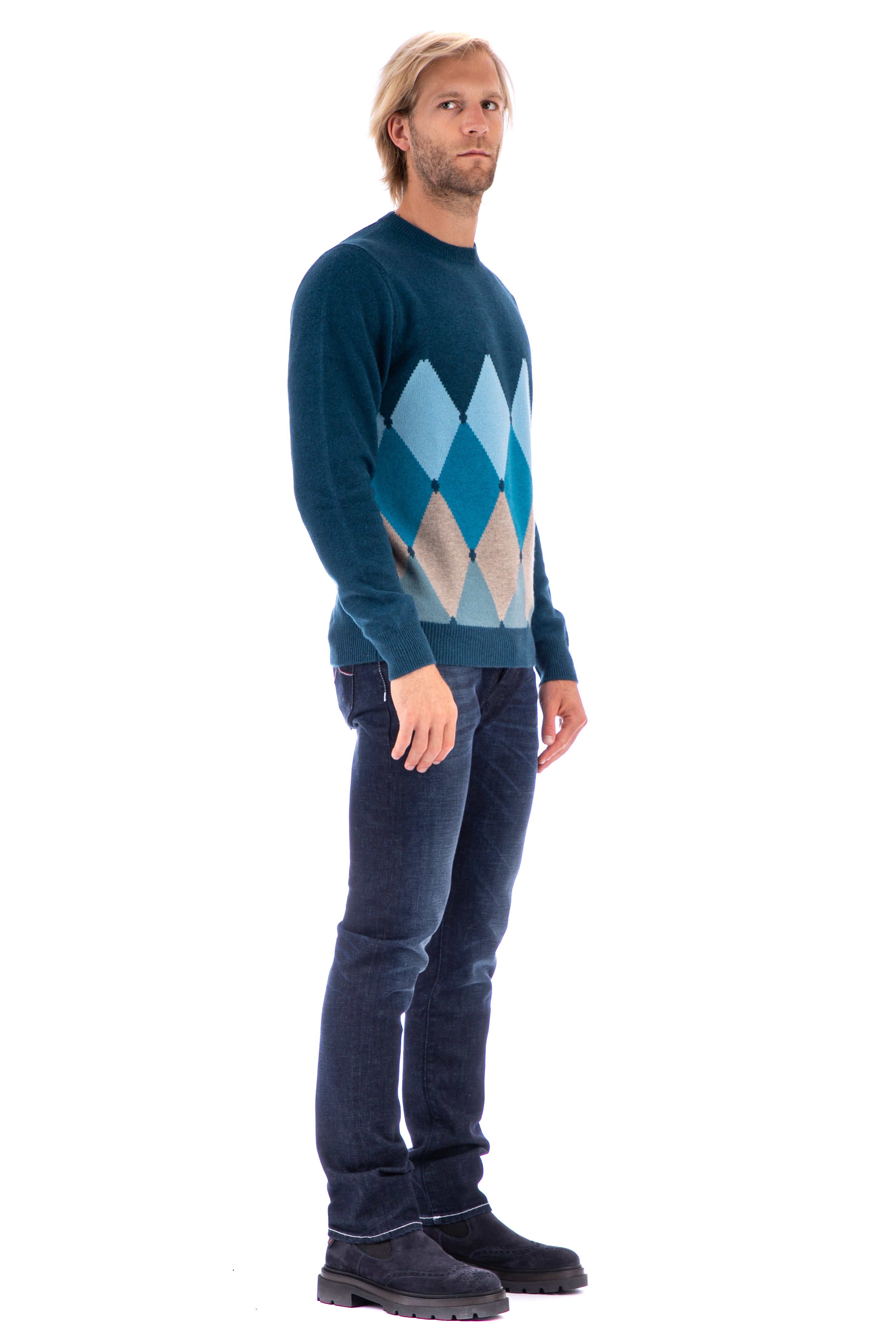 Crew-neck sweater in argyle cashmere