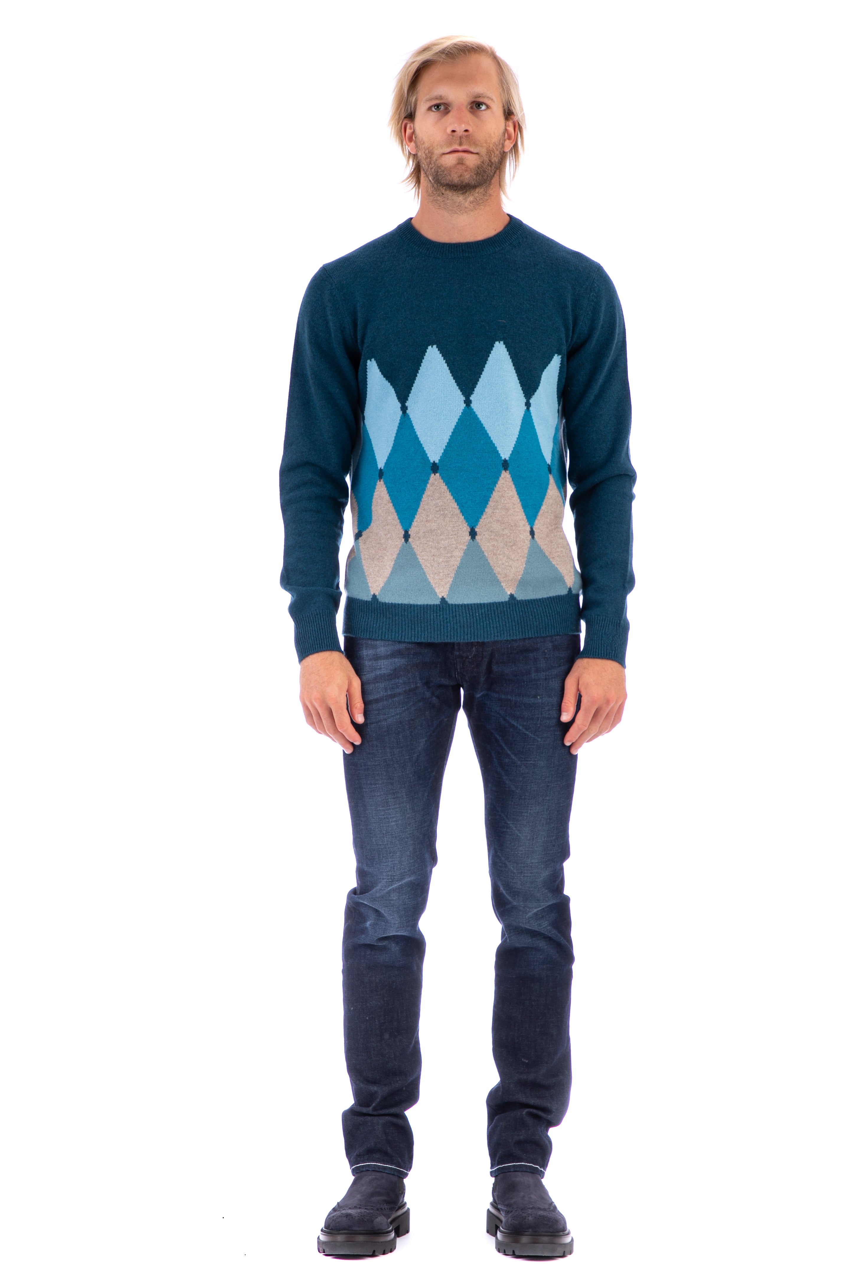 Crew-neck sweater in argyle cashmere