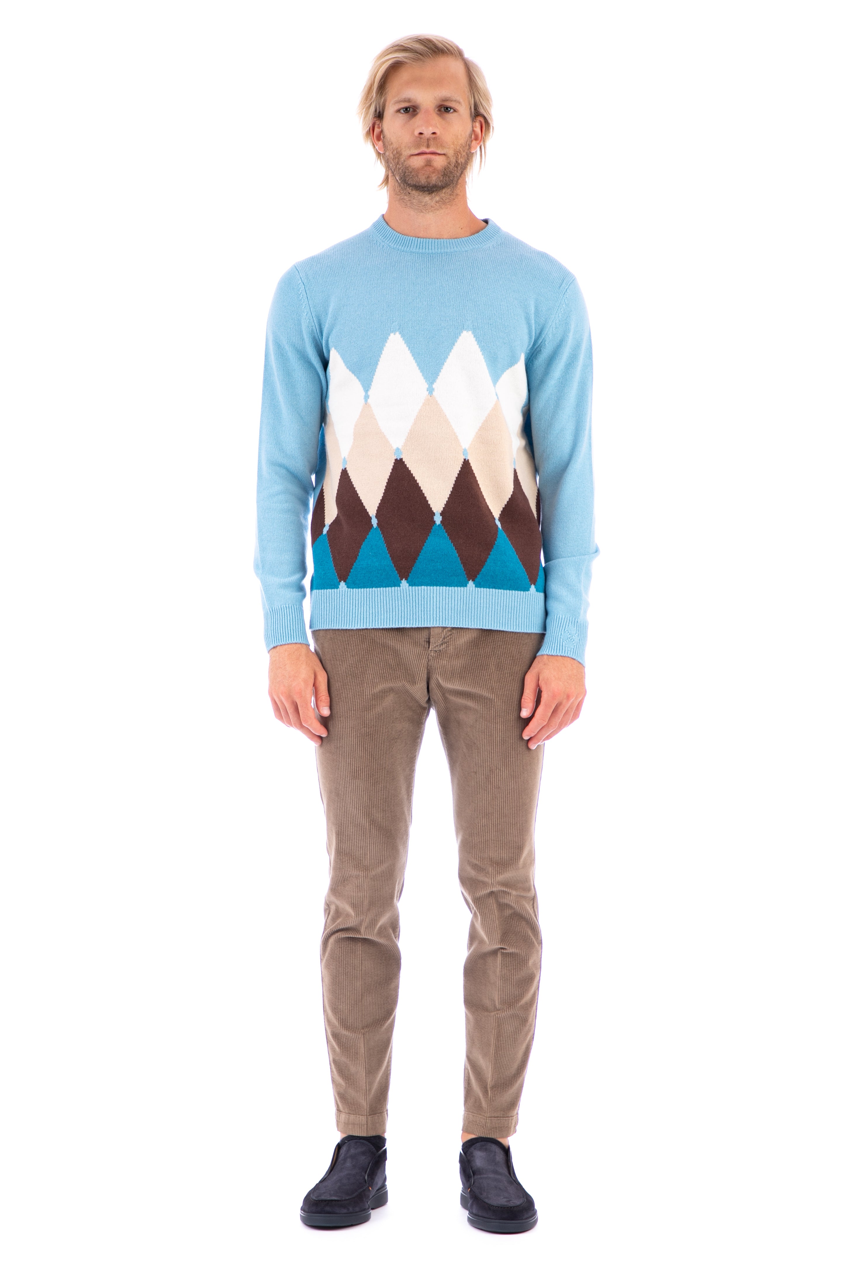 Crew-neck sweater in argyle cashmere