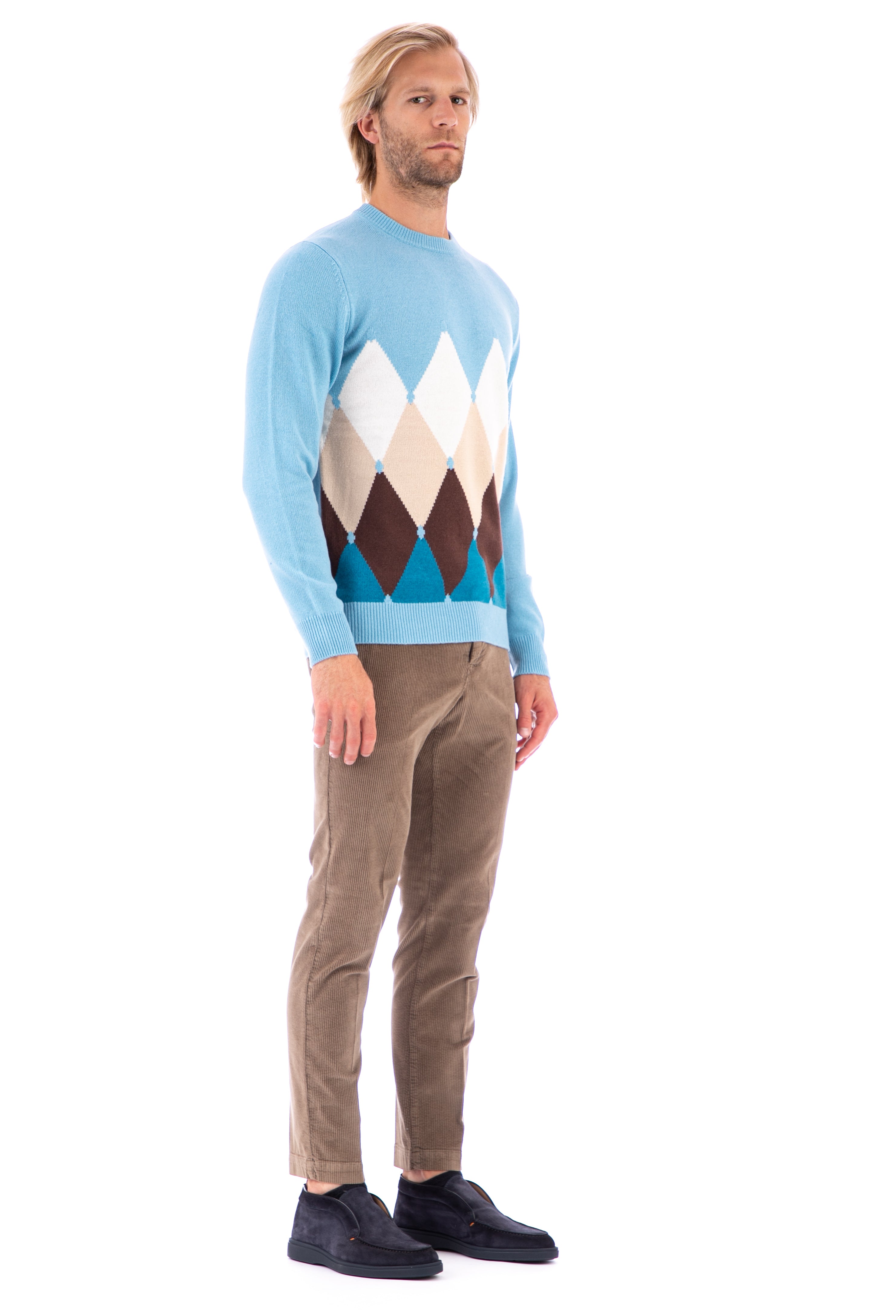 Crew-neck sweater in argyle cashmere