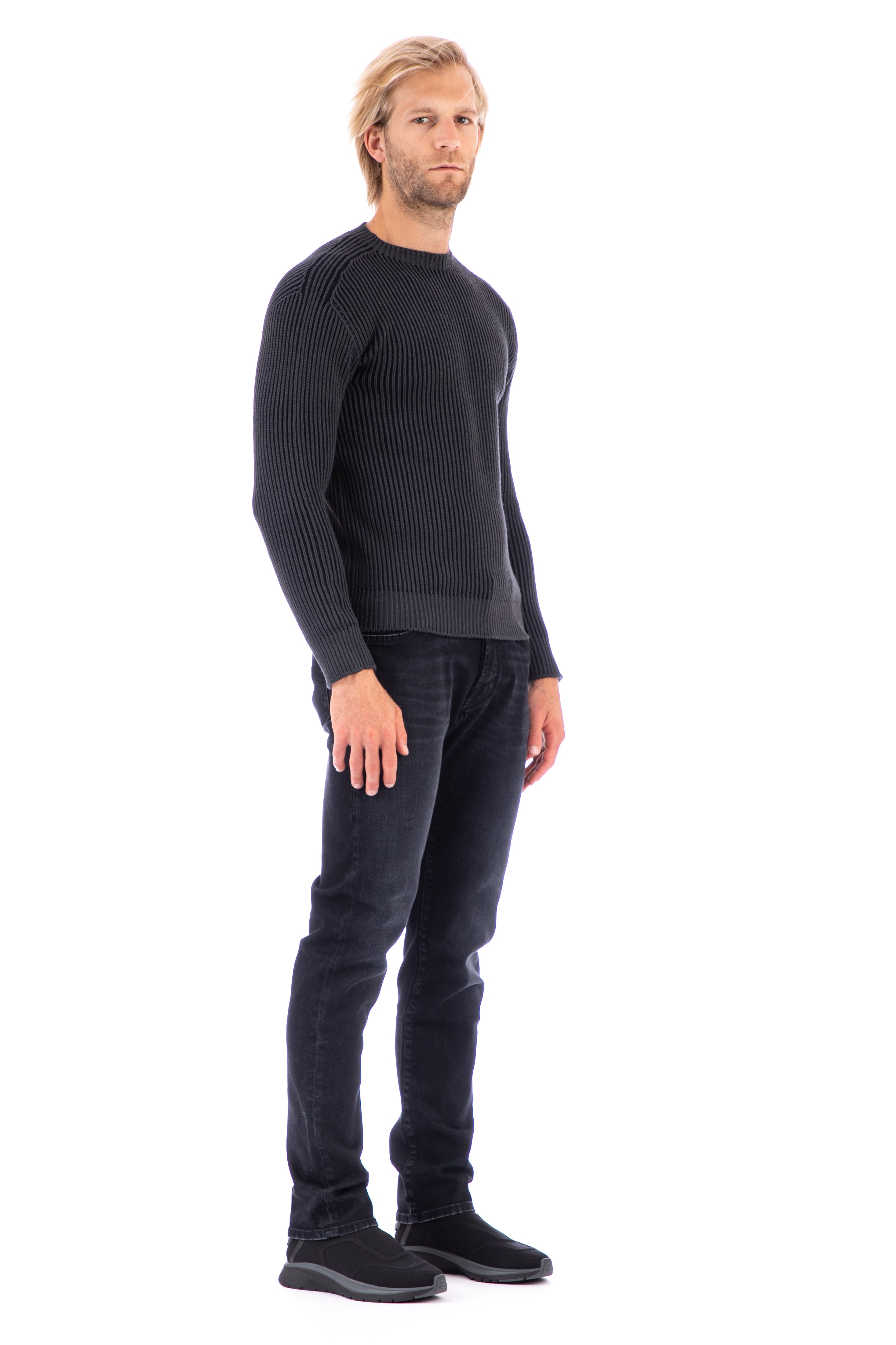 Ribbed crew-neck sweater in wool-cotton