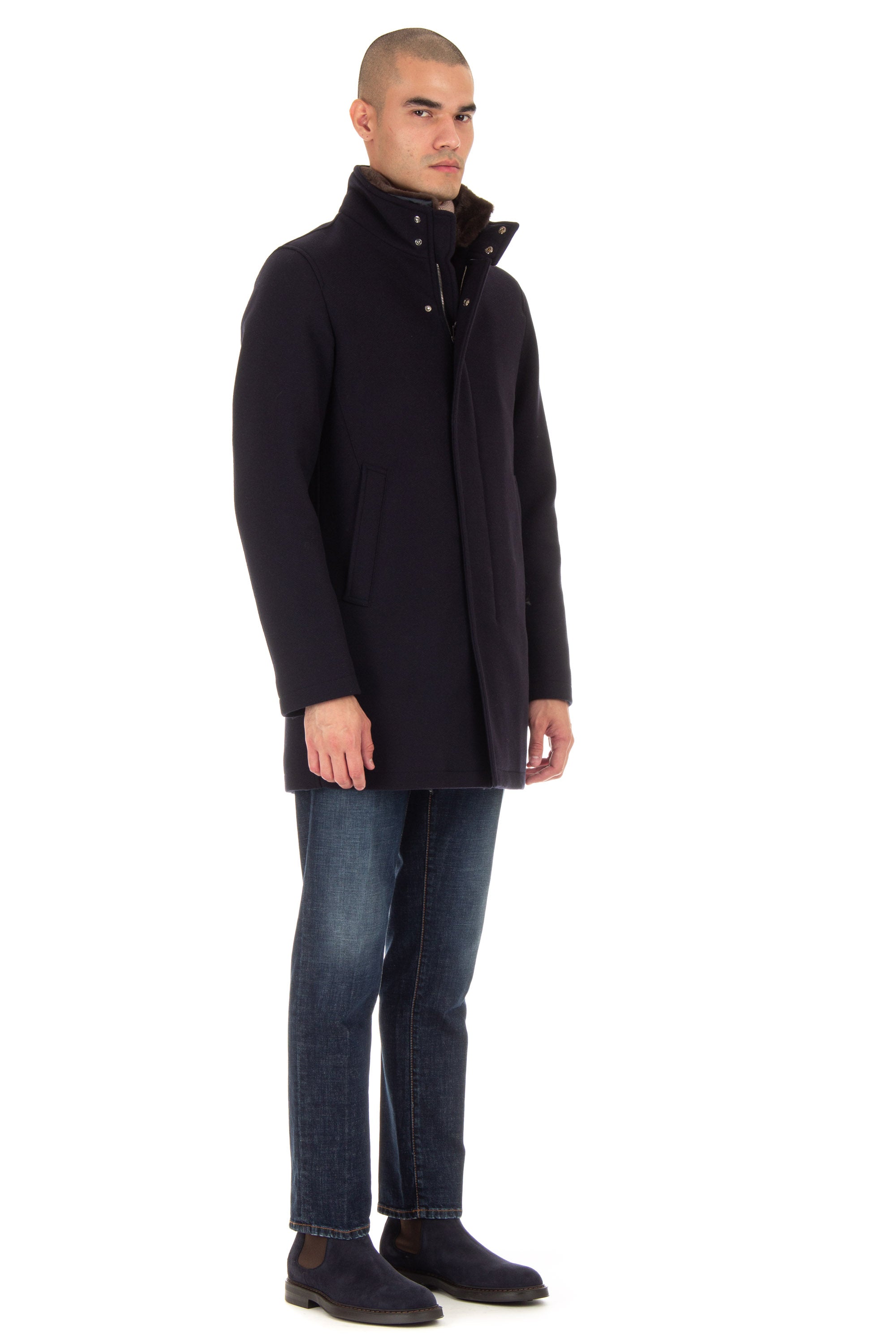 Loro plain wool coat with removable beaver collar