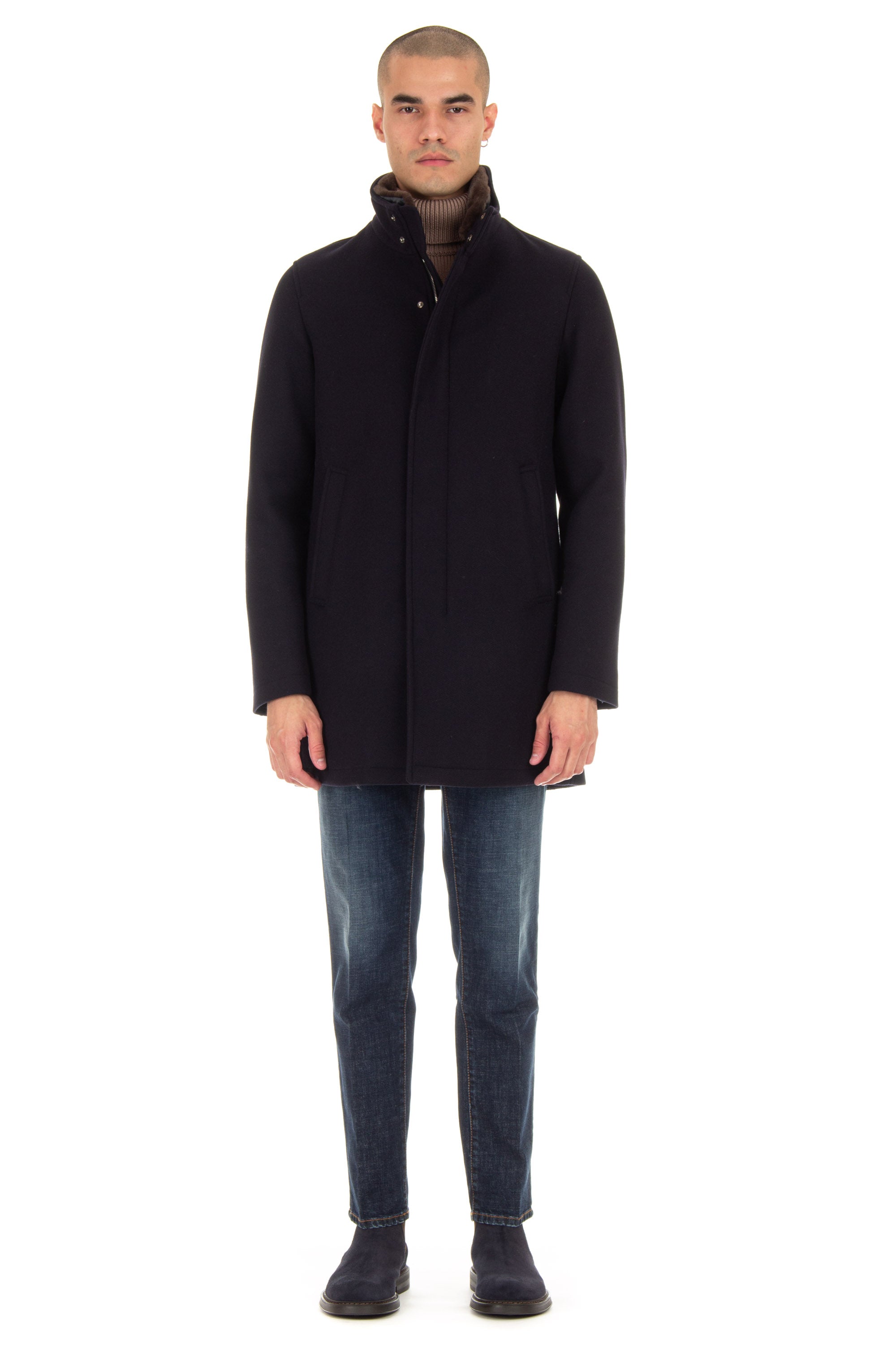 Loro plain wool coat with removable beaver collar