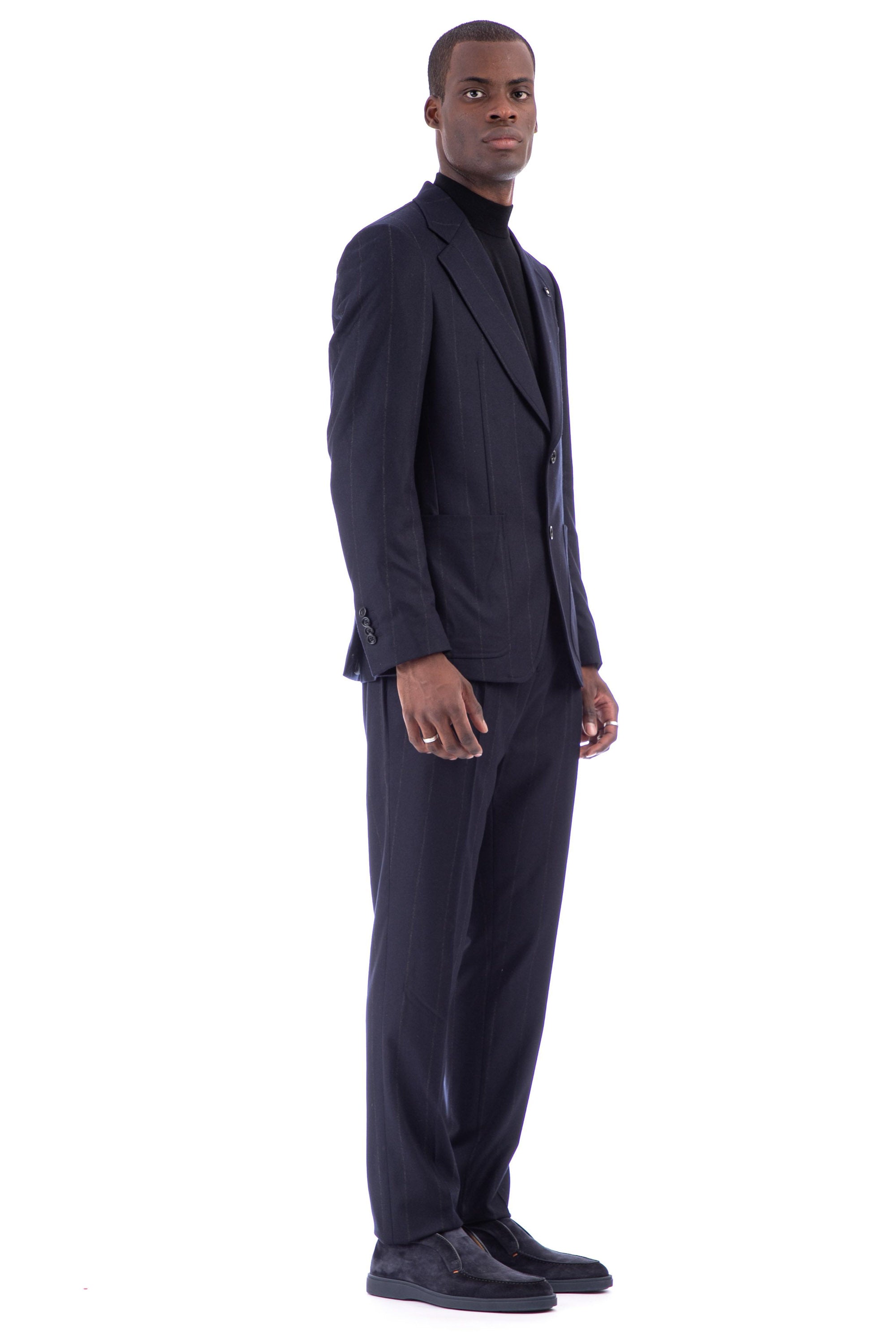 Pinstripe suit in wool-cashmere from their piana attitude line
