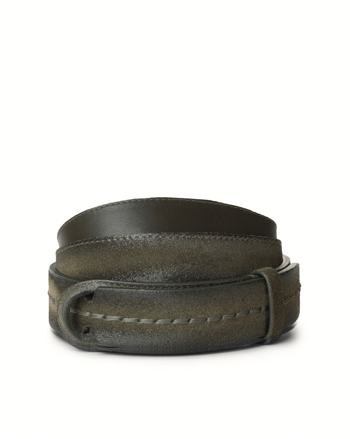 Buckleless suede belt with central stitching
