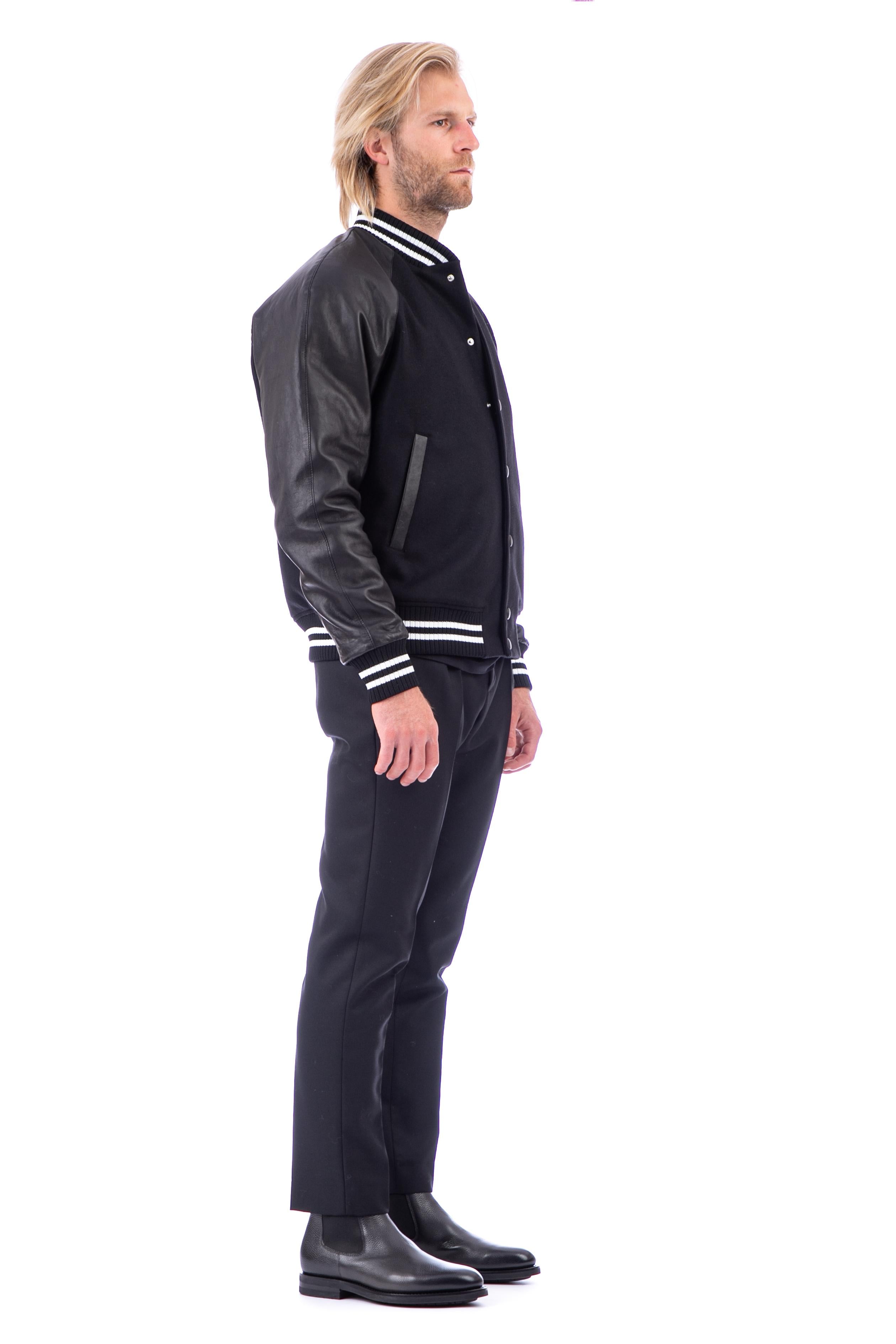 Bi-material jacket in leather-wool with baseball collar