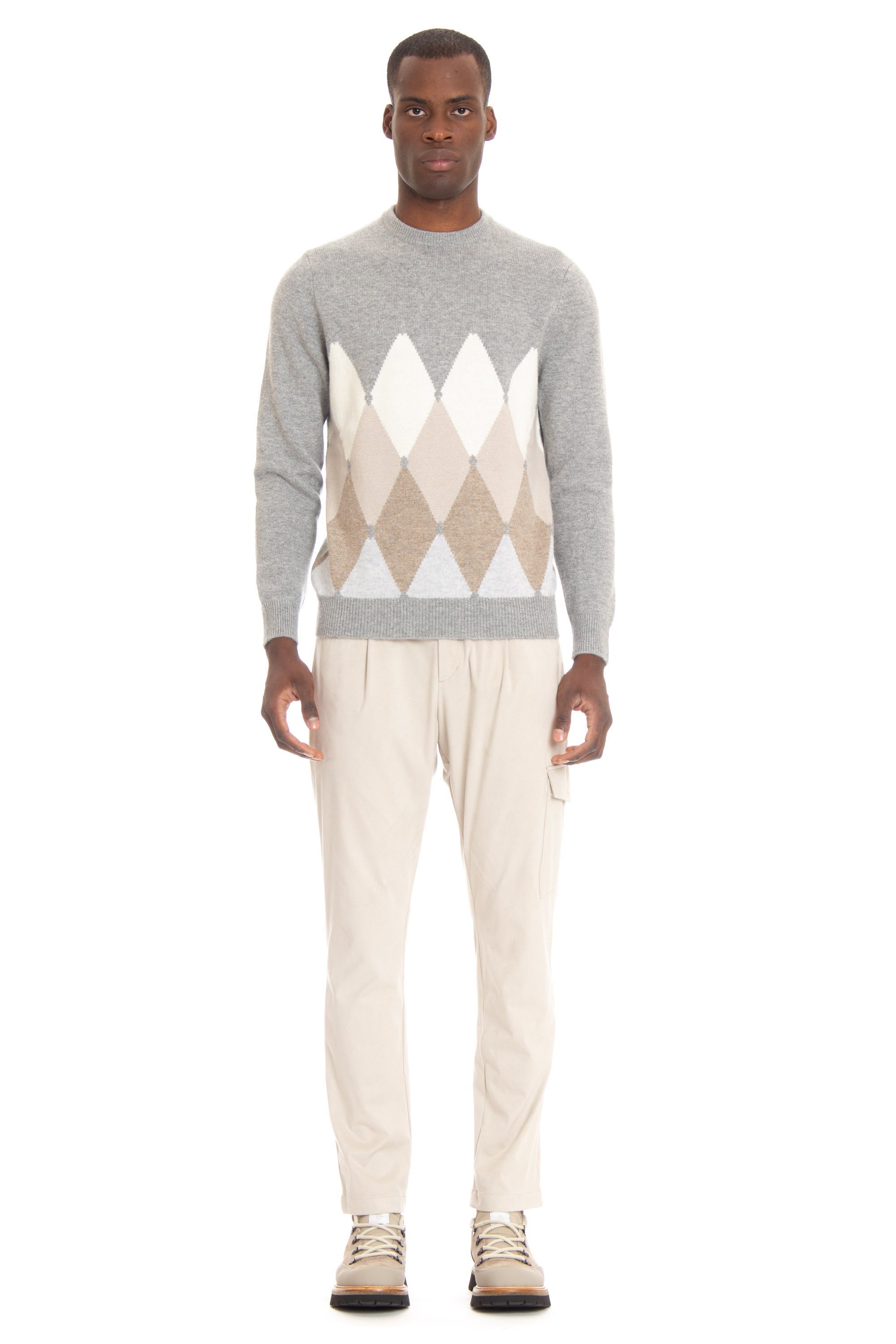 Crew-neck sweater in argyle cashmere