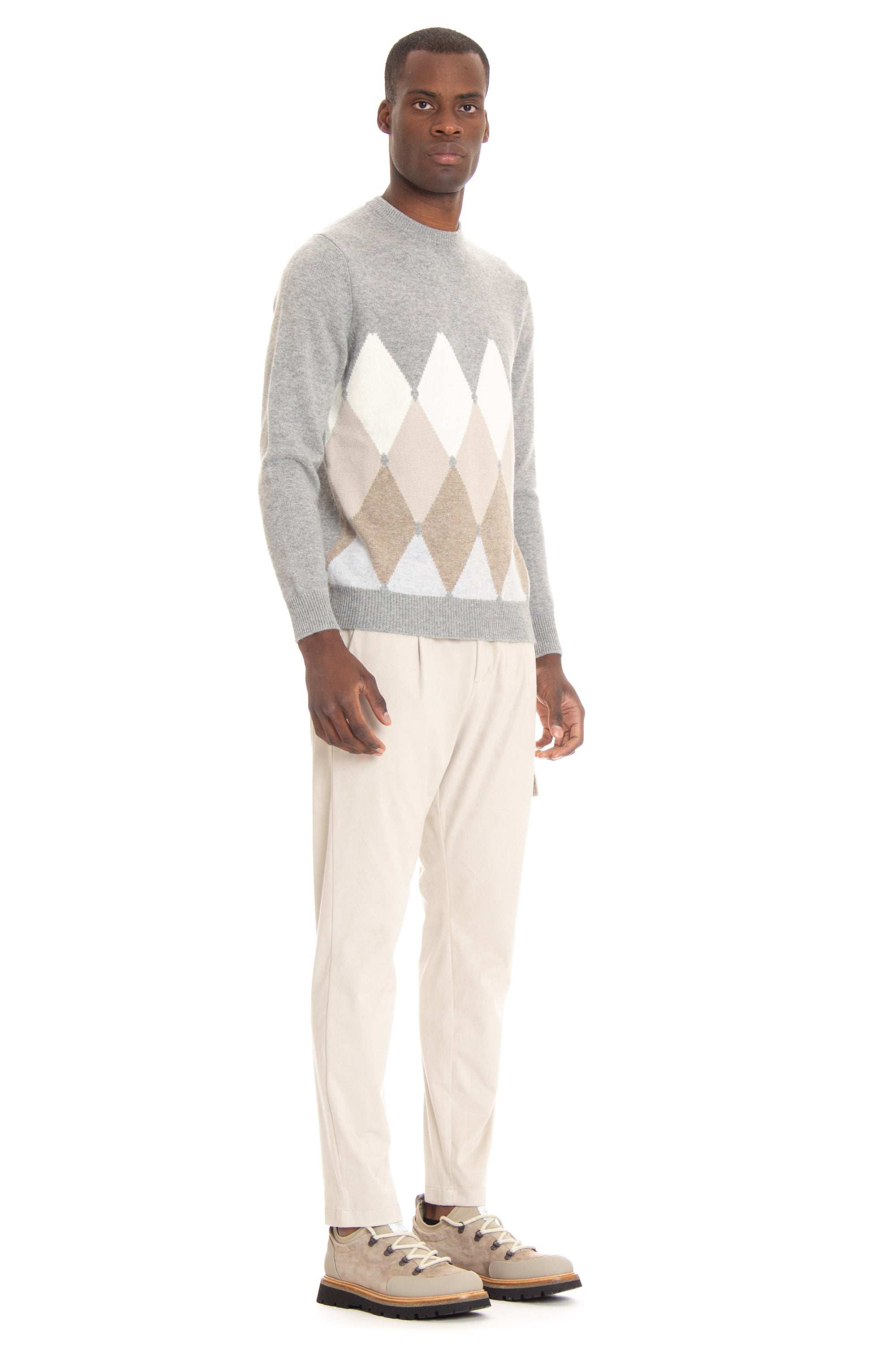 Crew-neck sweater in argyle cashmere