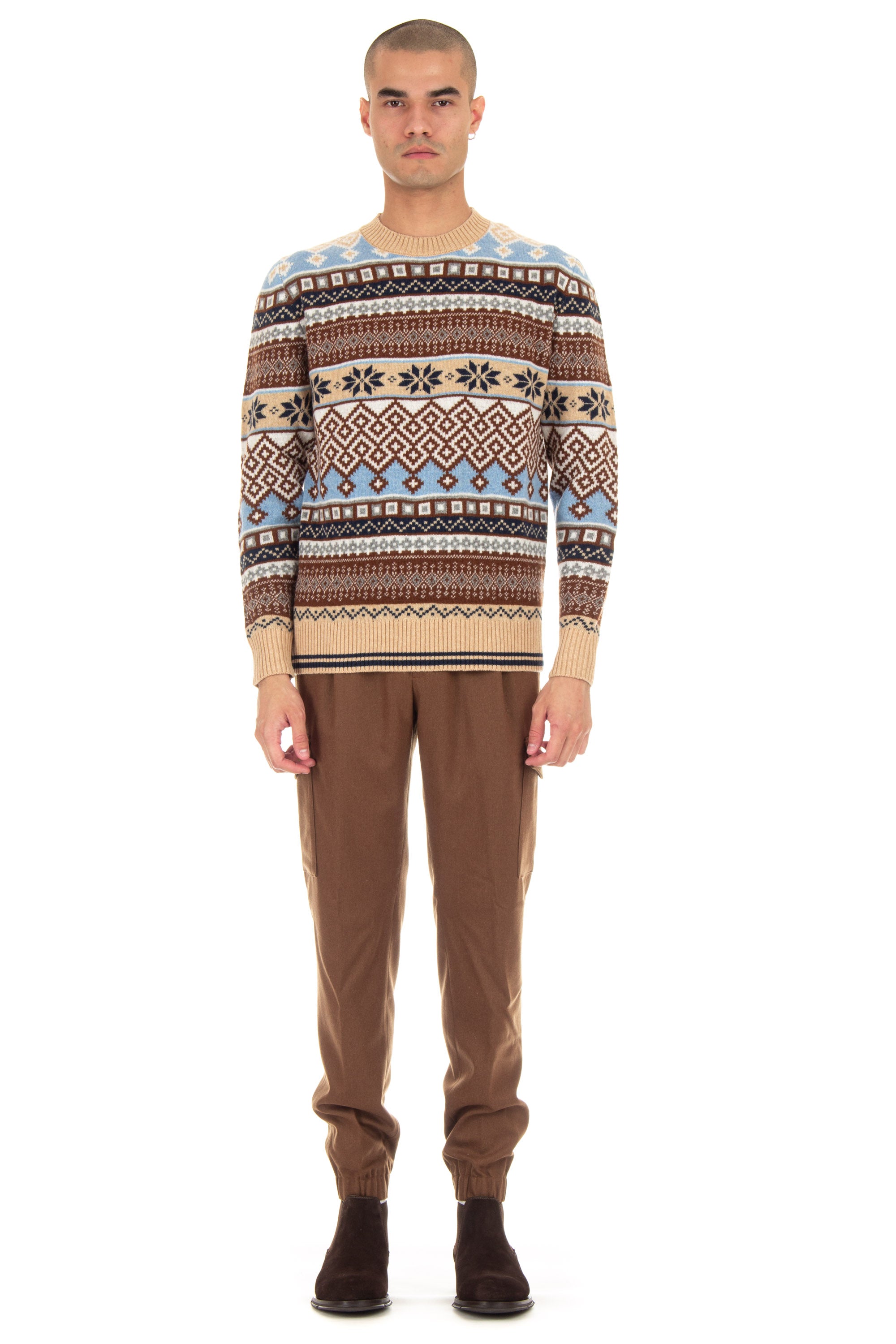 Nordic design jacquard wool crew neck sweater