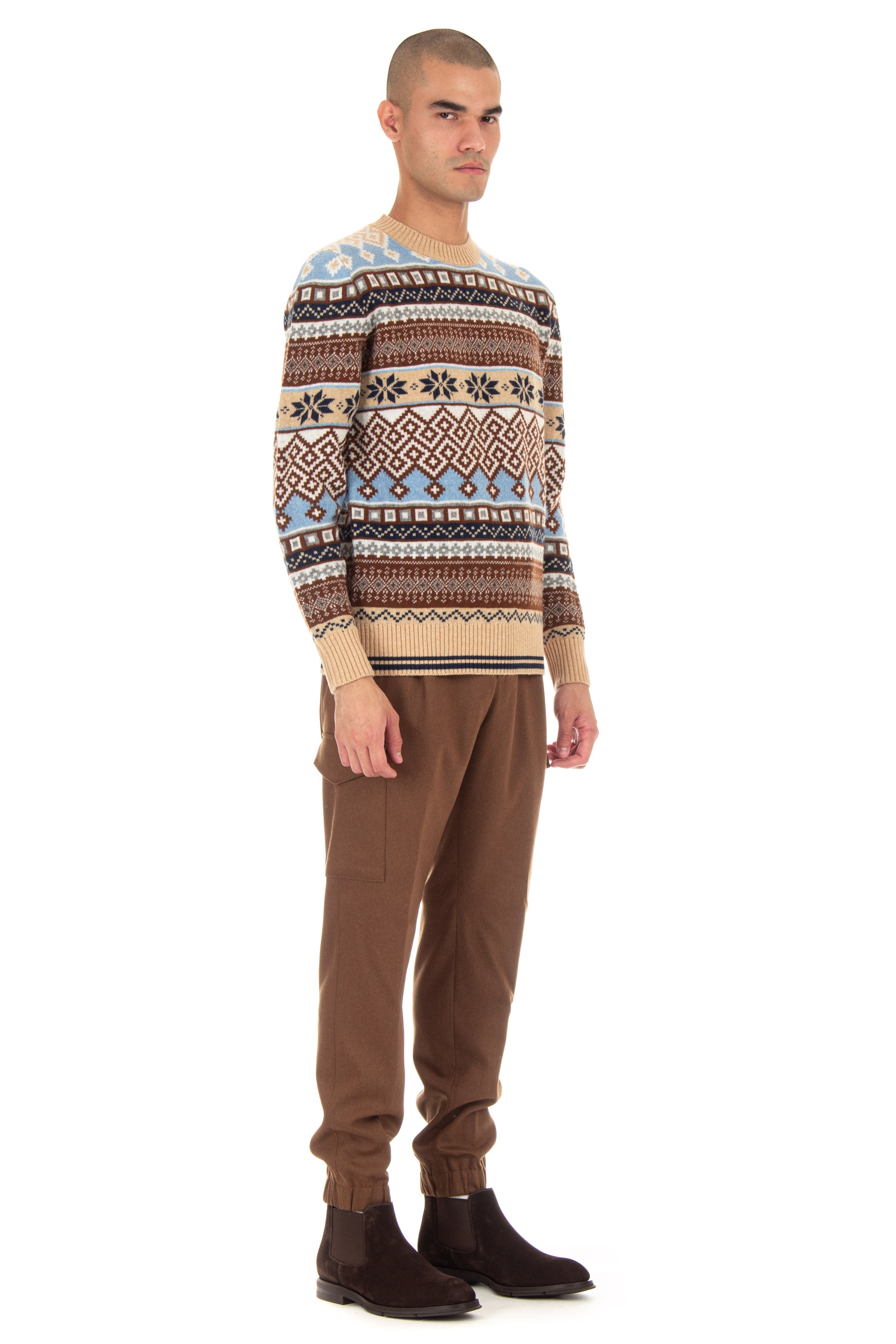 Nordic design jacquard wool crew neck sweater