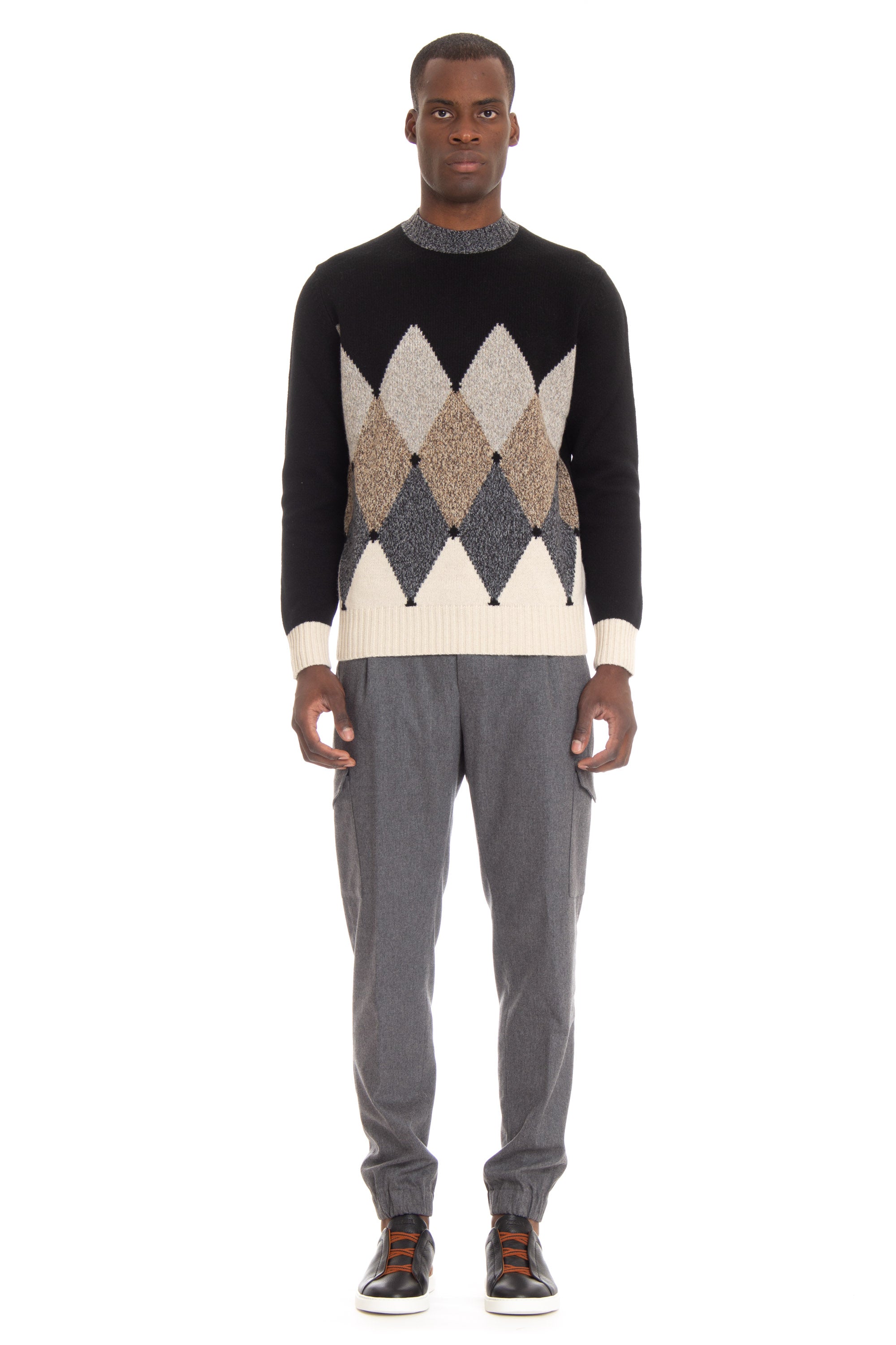 Argyle crew neck sweater in moulinè wool