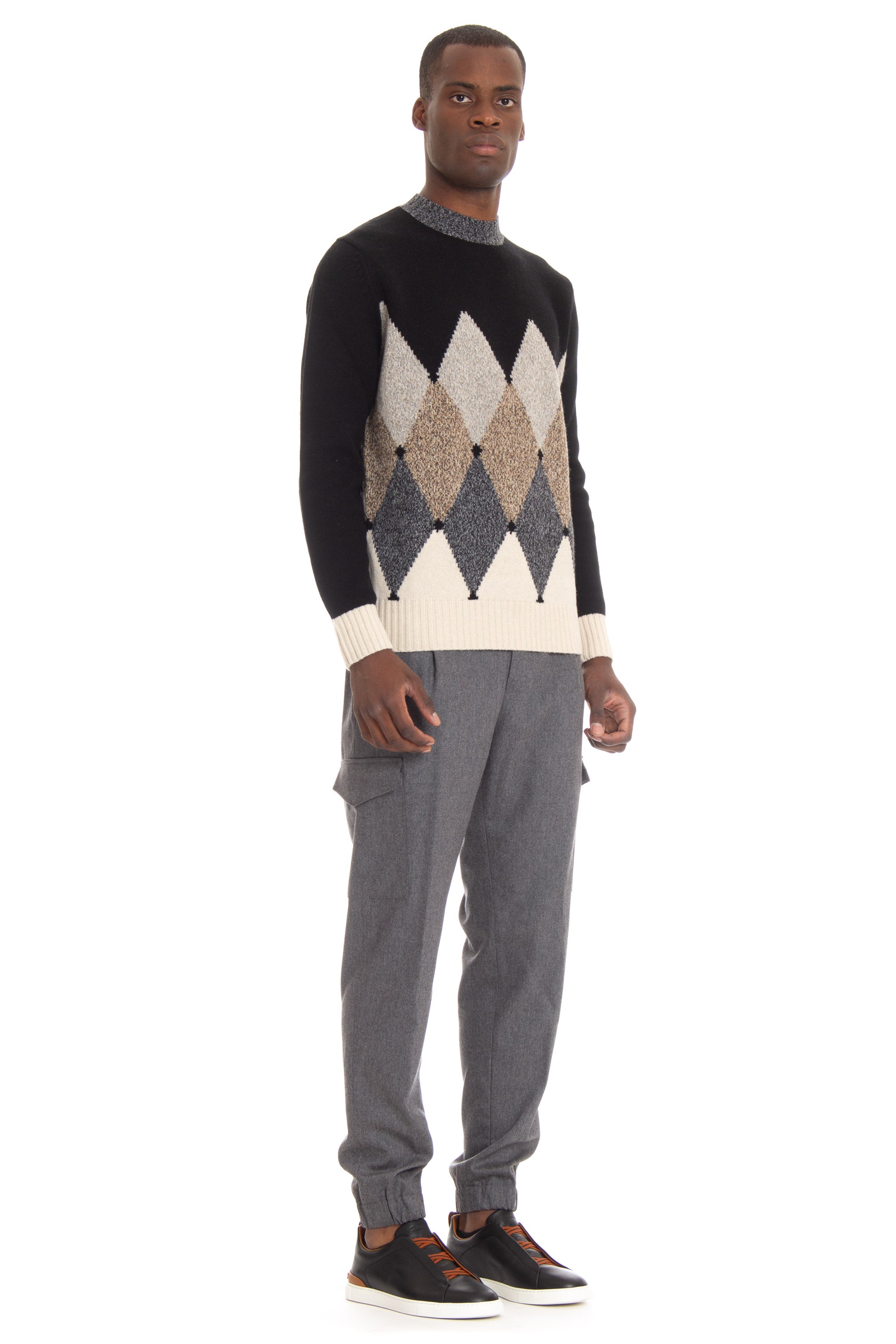 Argyle crew neck sweater in moulinè wool