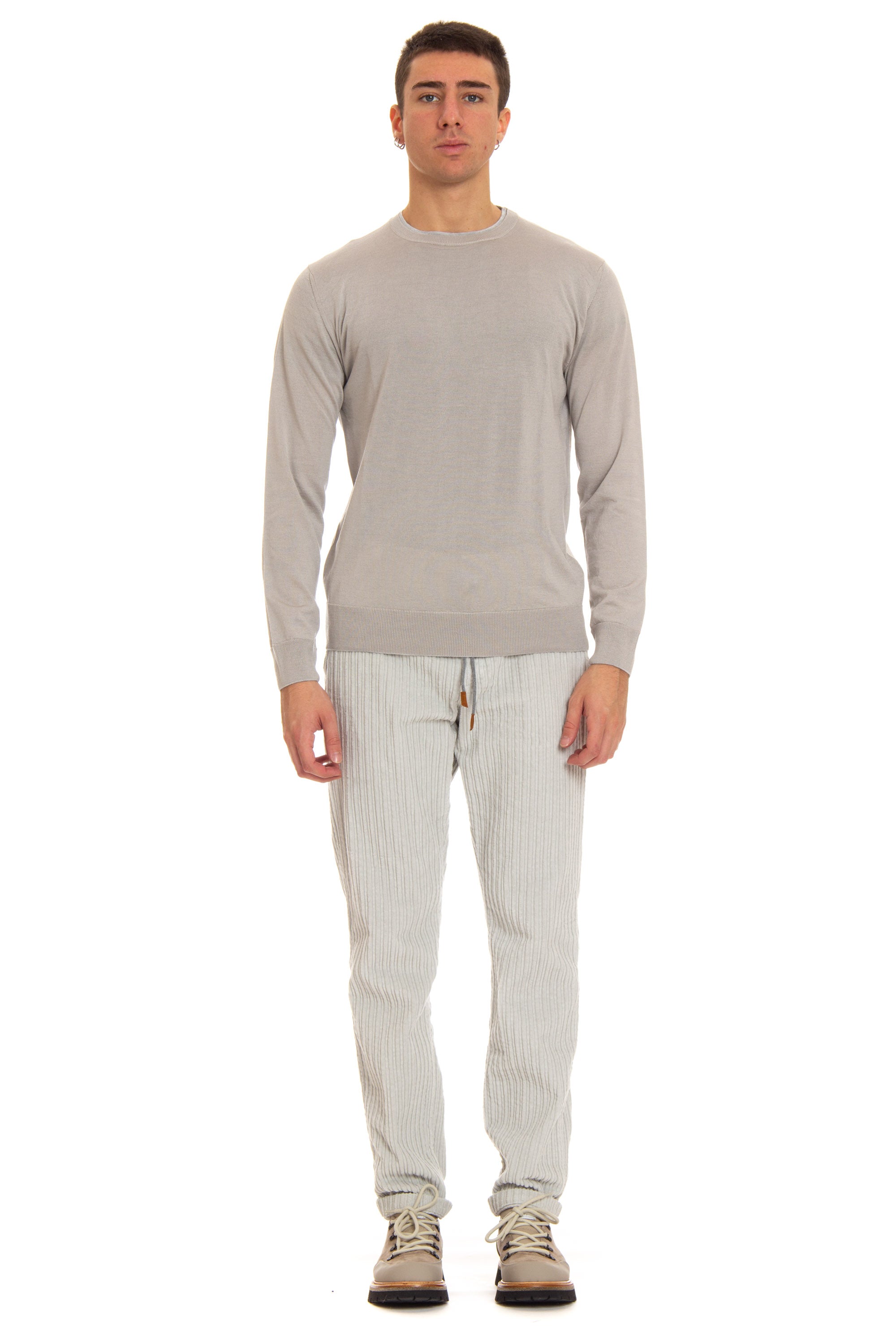 Wool-silk crew neck sweater with double profiles