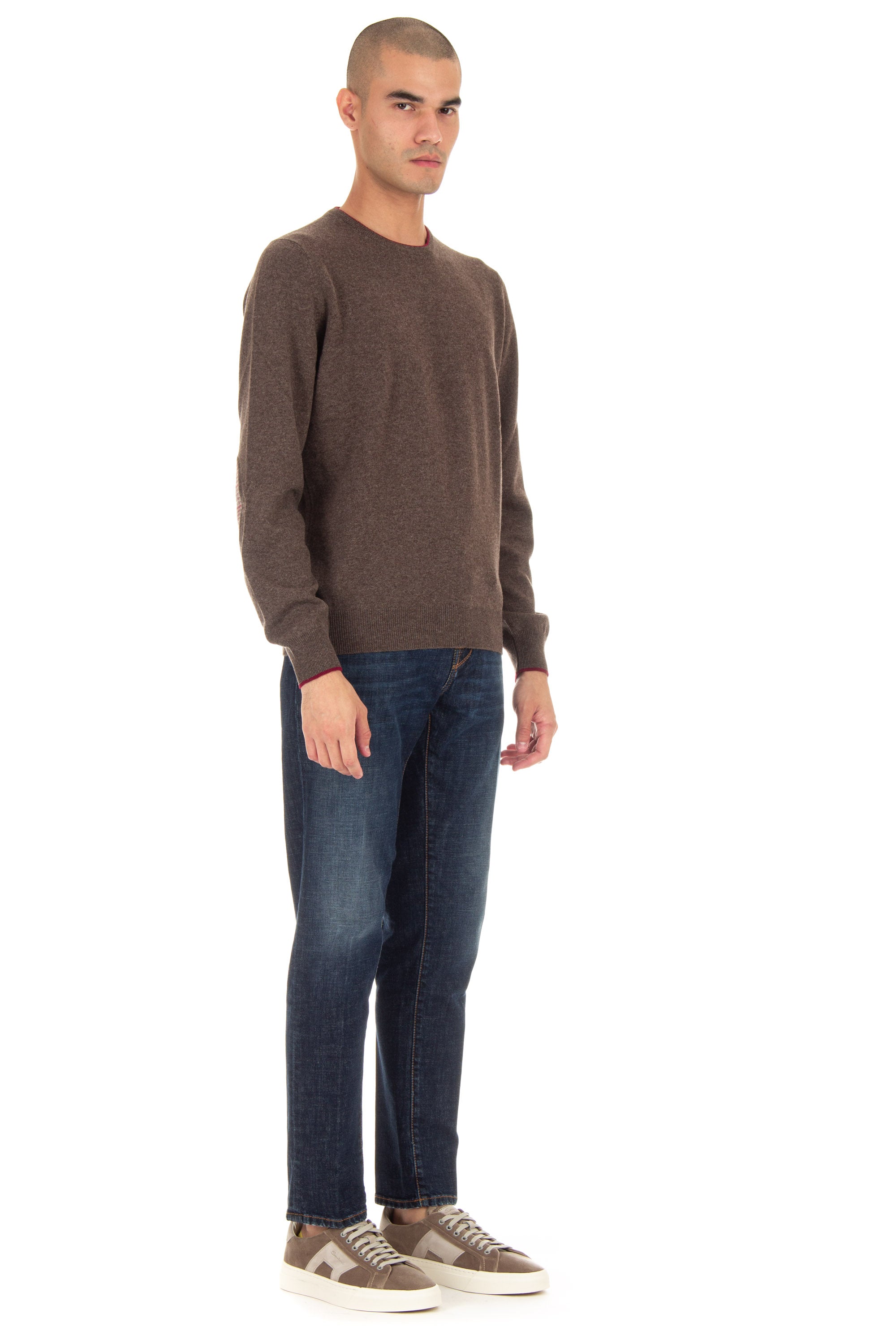 Crew-neck sweater in wool-cashmere with contrasting profiles