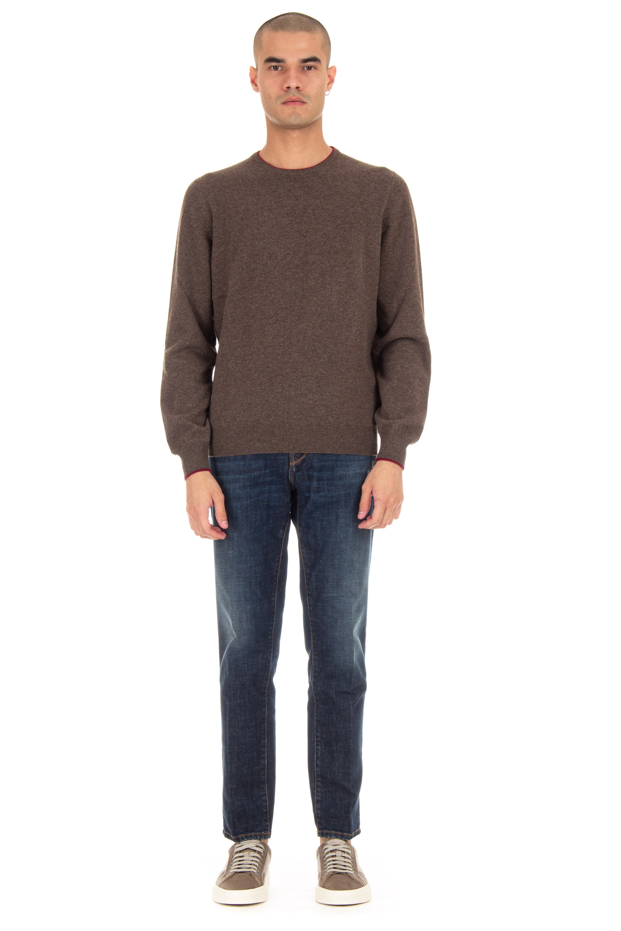 Crew-neck sweater in wool-cashmere with contrasting profiles