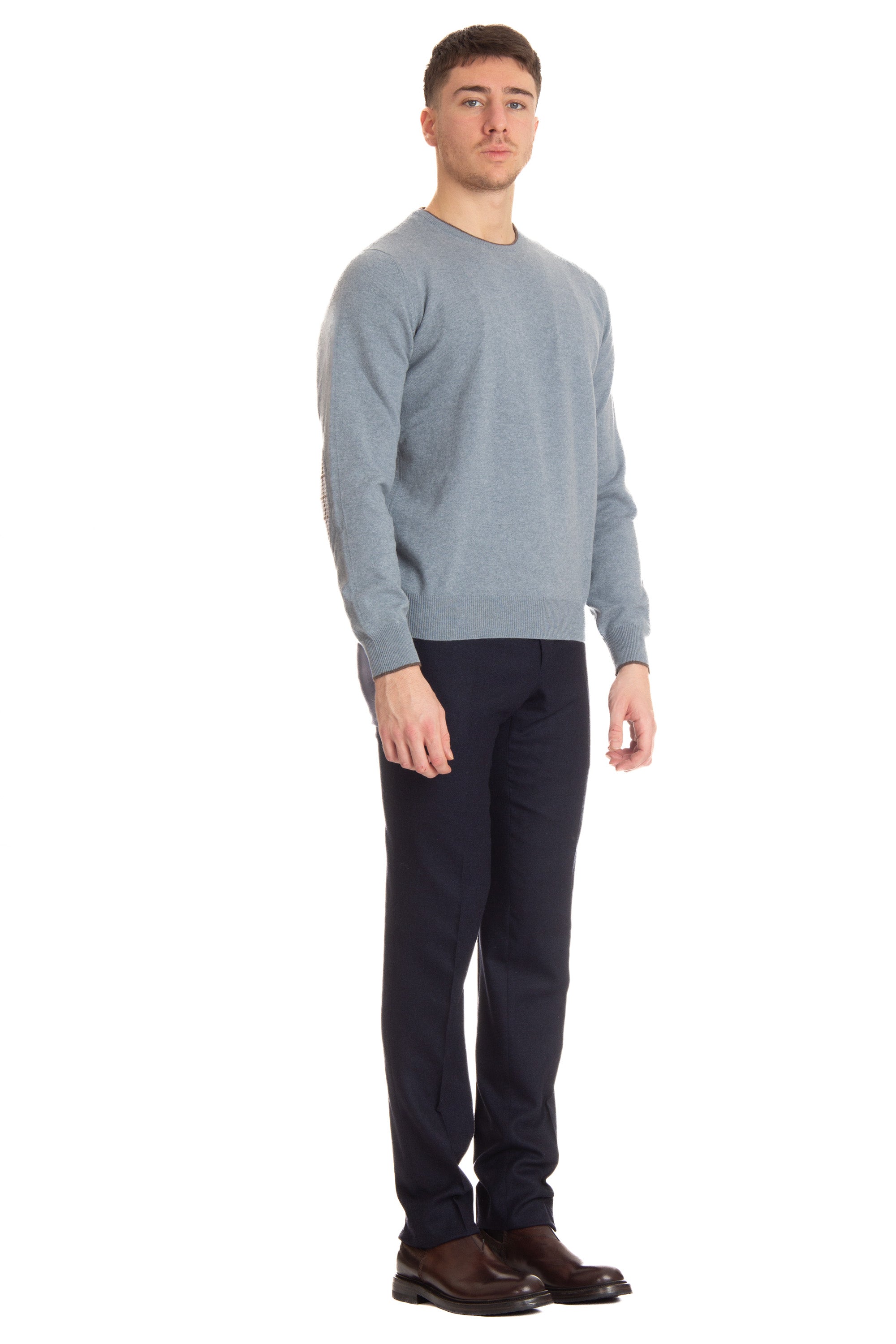 Crew-neck sweater in wool-cashmere with contrasting profiles