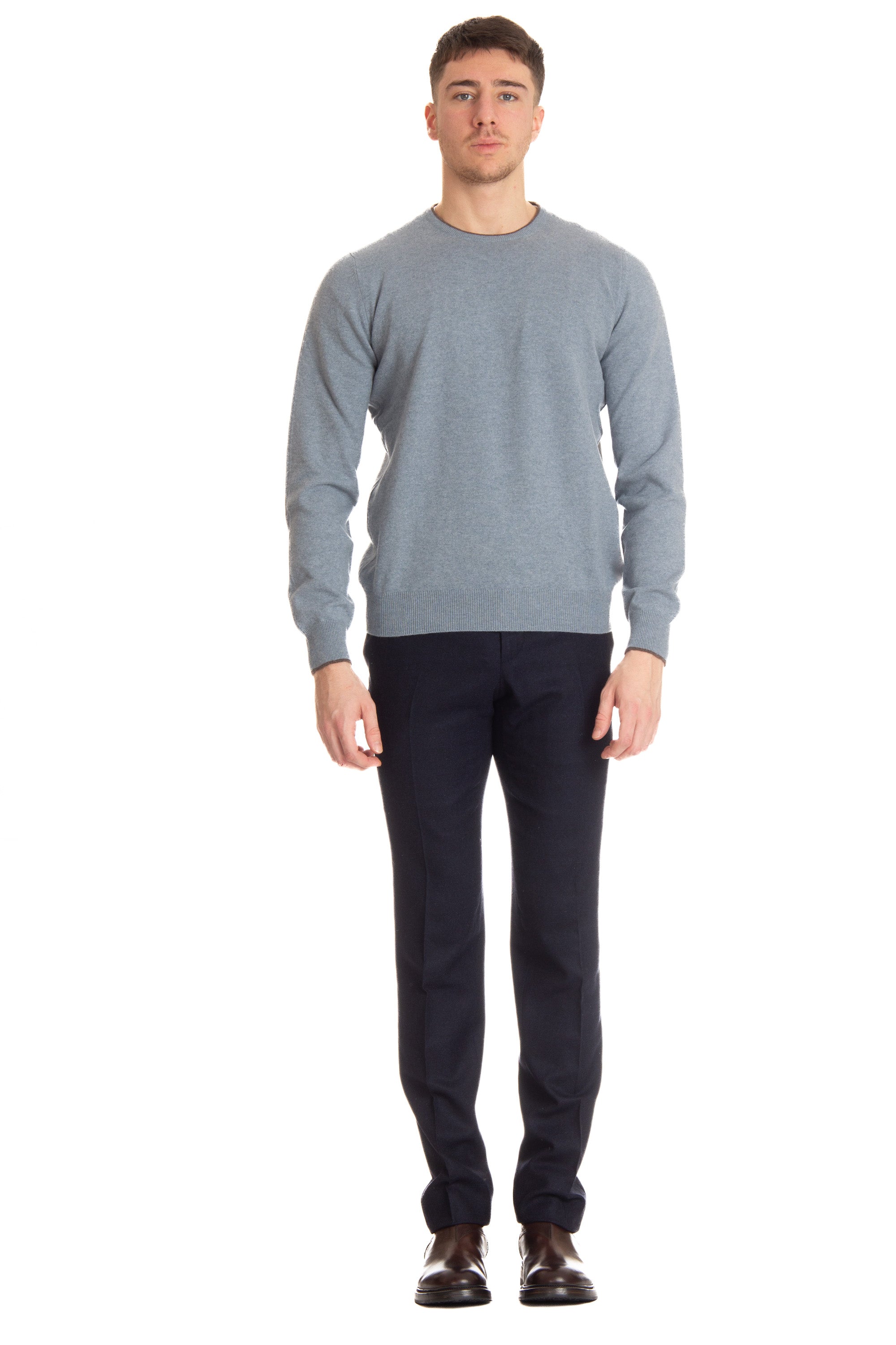 Crew-neck sweater in wool-cashmere with contrasting profiles