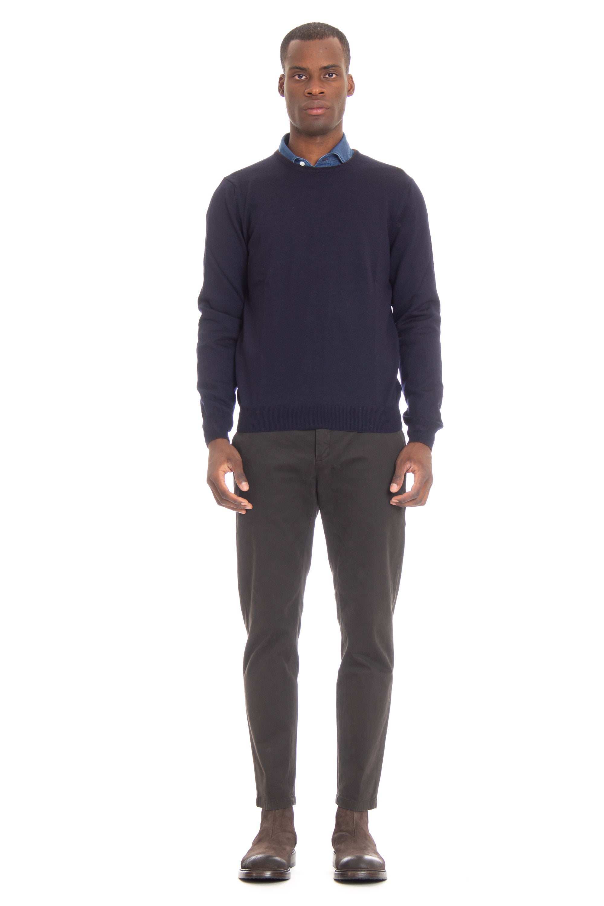 Crew-neck sweater in extrafine wool with patches