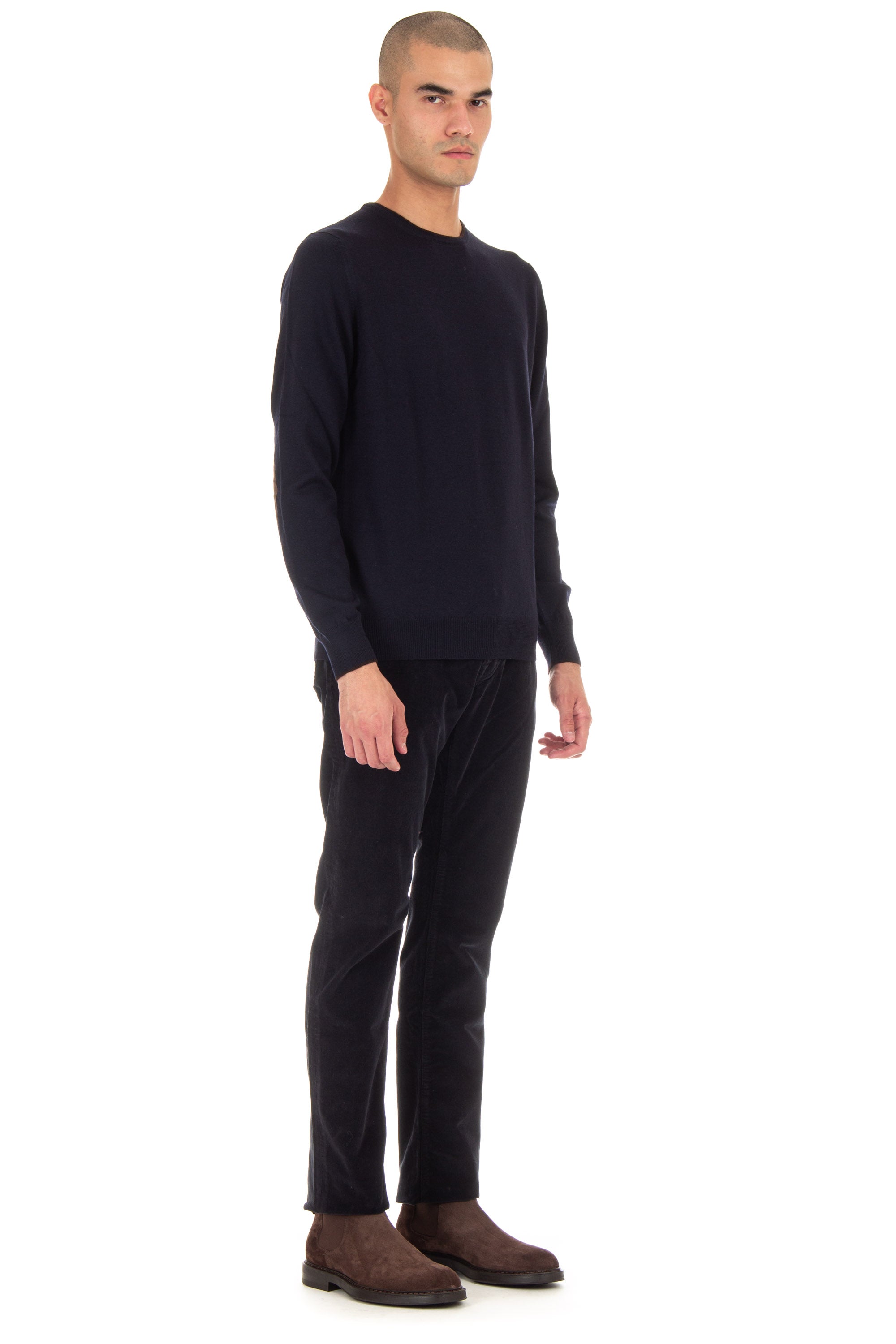 Crew-neck sweater in extrafine wool with patches