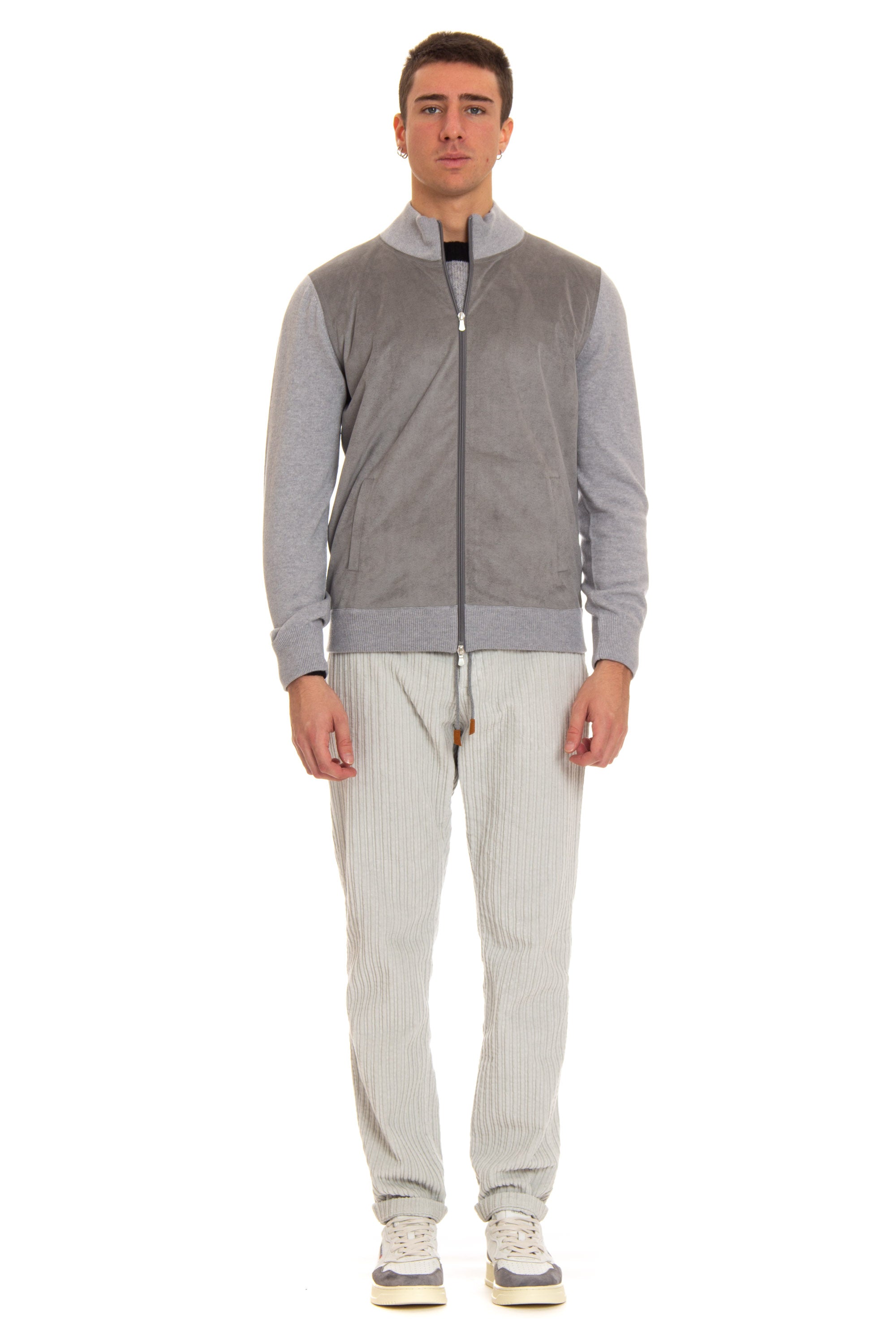 Full zip bi-material cardigan in wool and alcantara