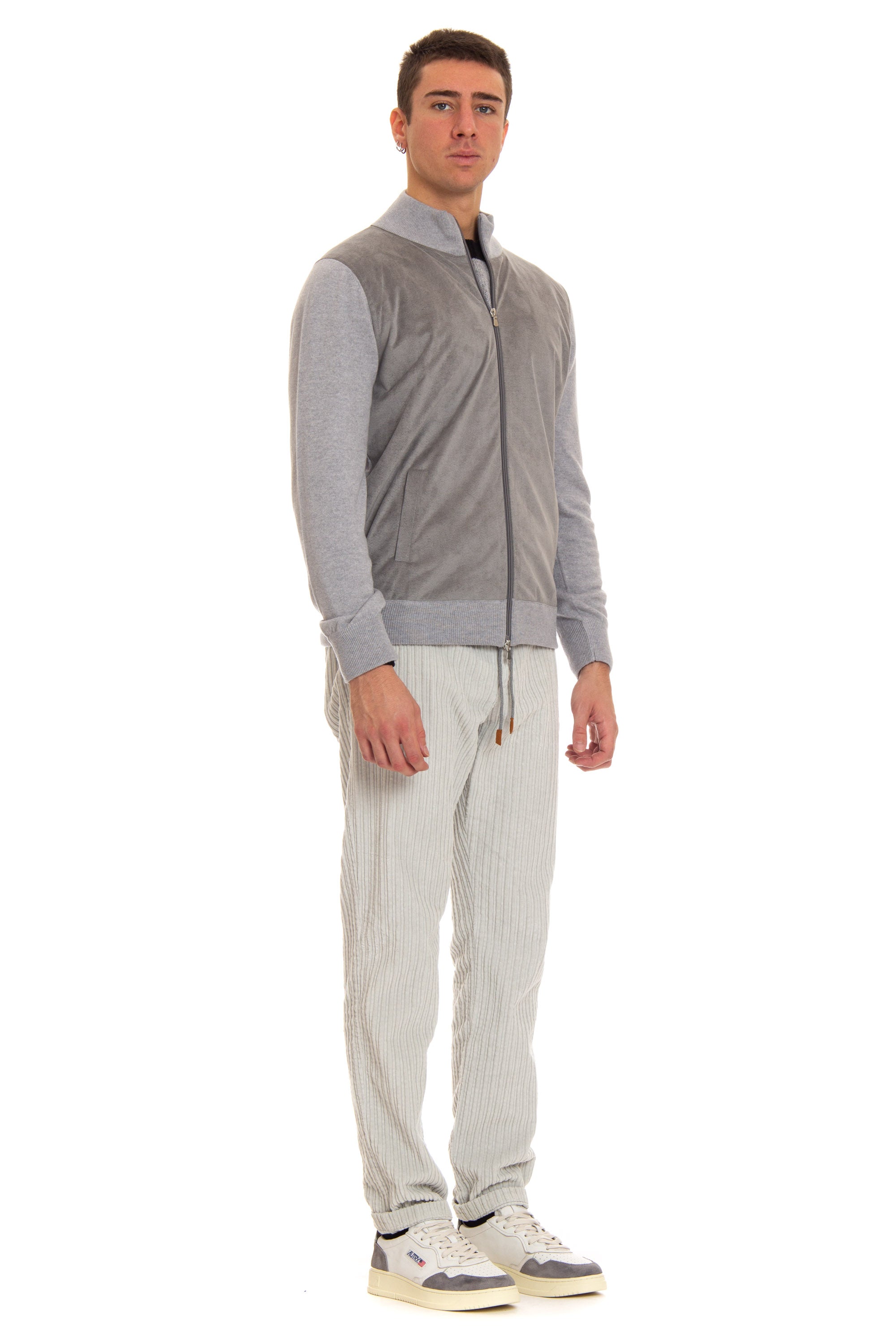 Full zip bi-material cardigan in wool and alcantara