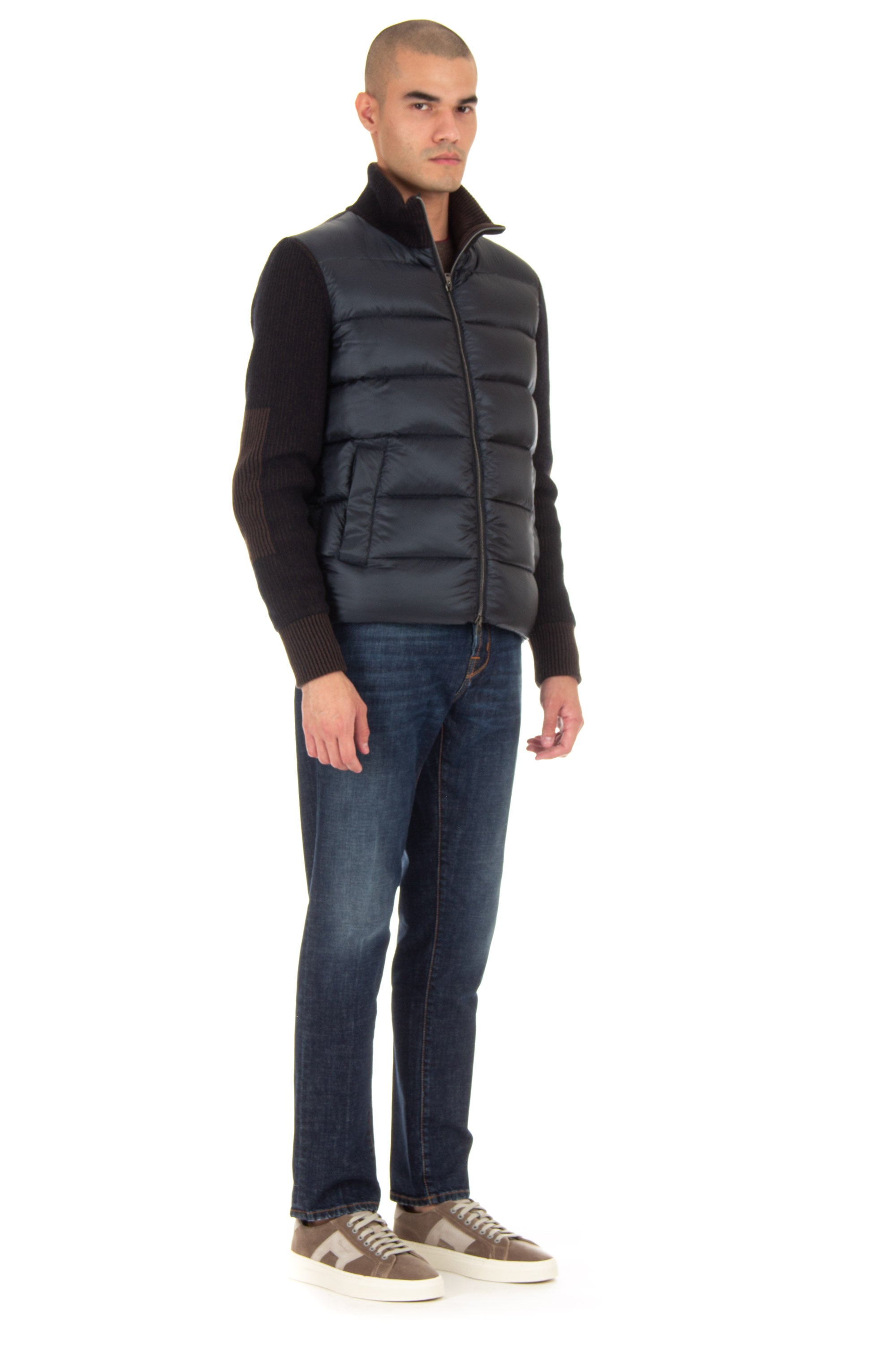 Bi-material down jacket with knitted sleeves