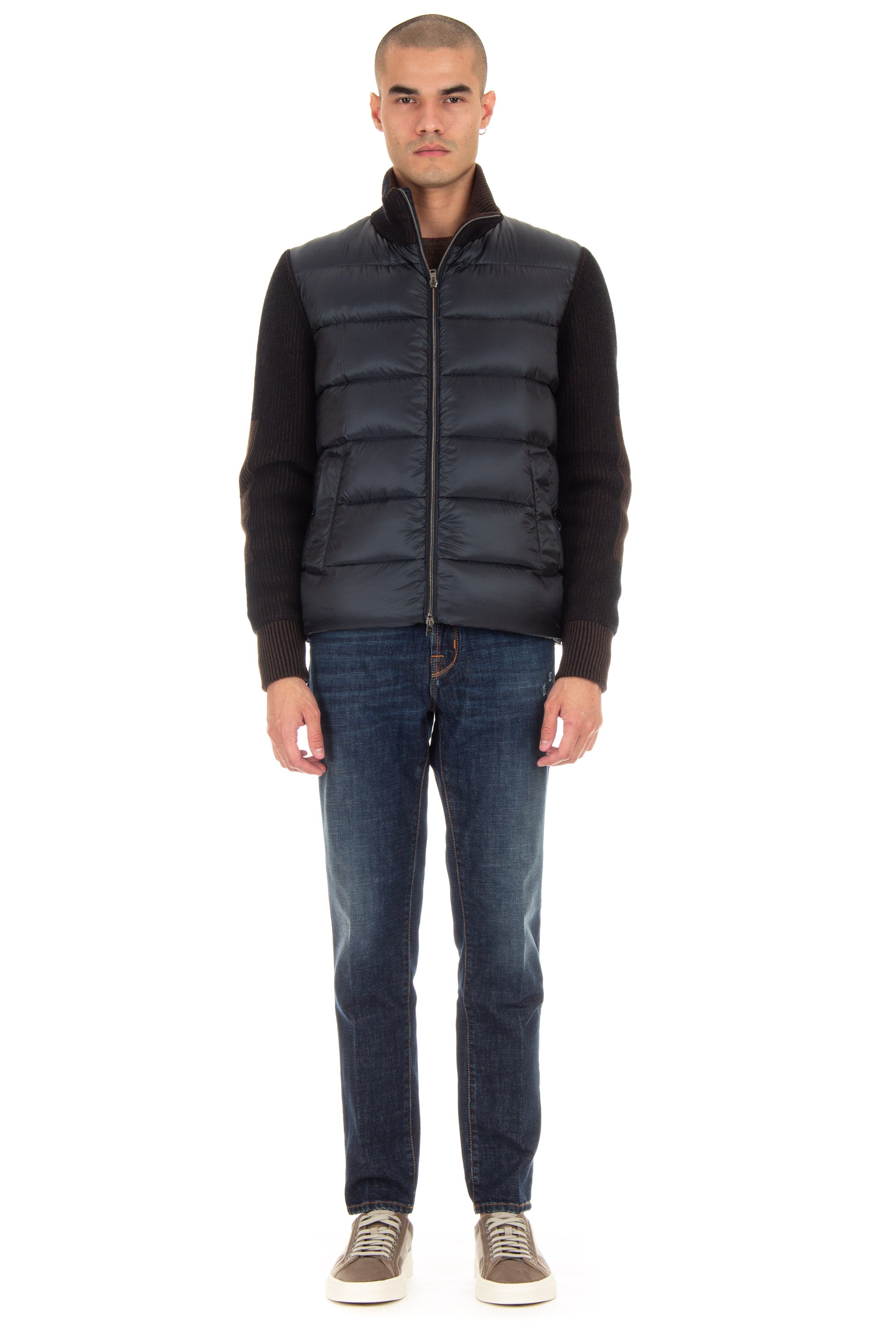 Bi-material down jacket with knitted sleeves