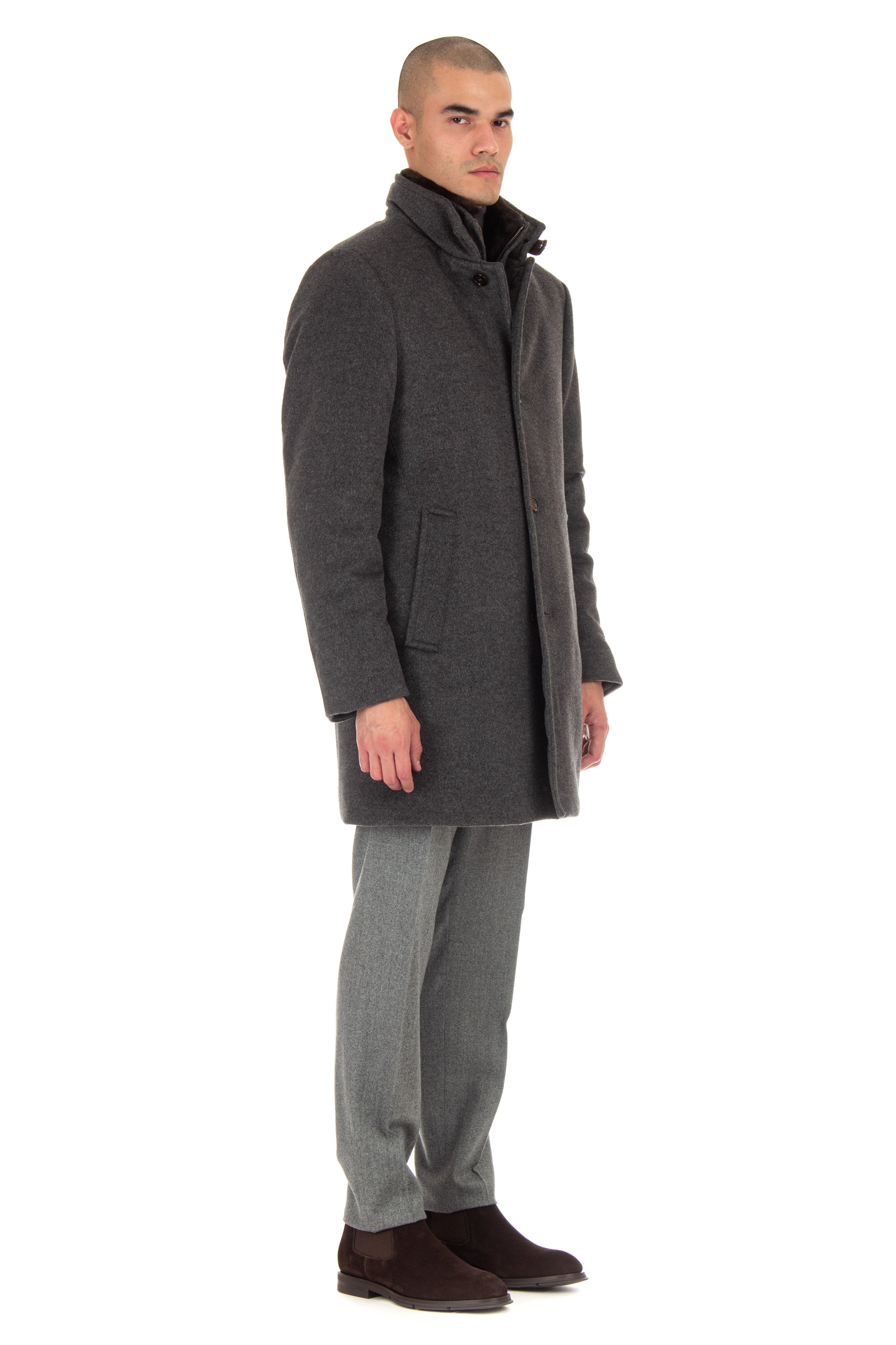 Down-padded wool coat with Bond-Fur-Le beaver collar