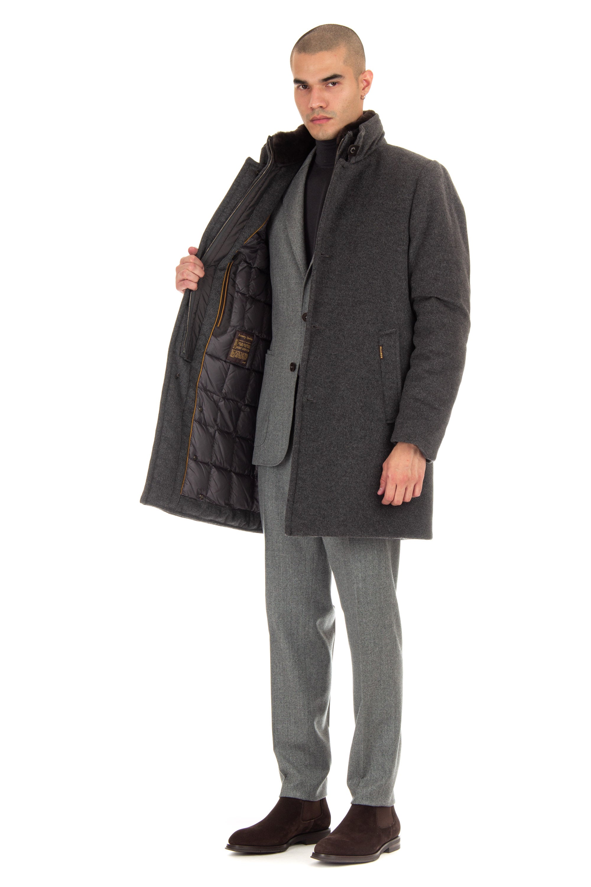 Down-padded wool coat with Bond-Fur-Le beaver collar