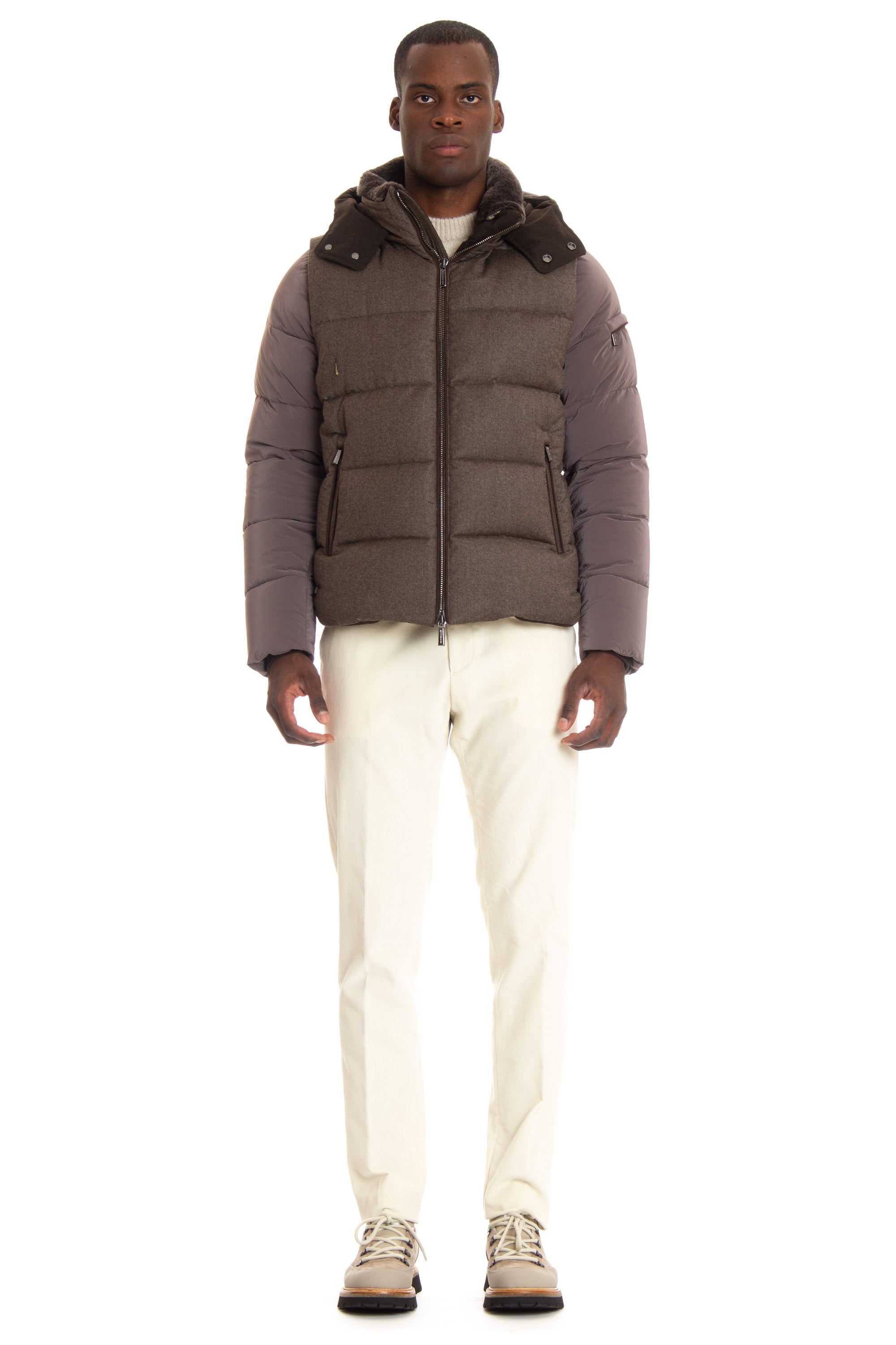 Bi-material down jacket with detachable sleeves mod. casciano-fur
