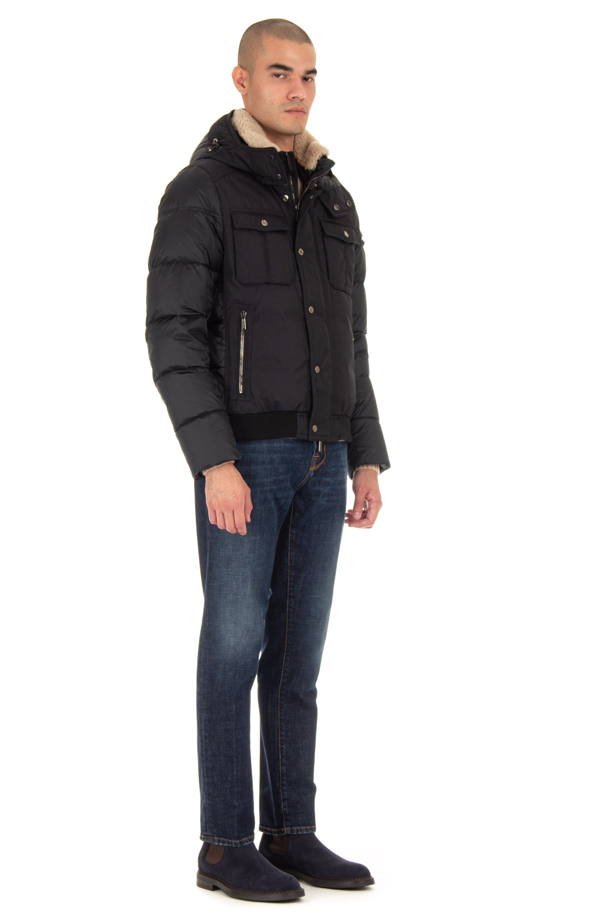 Bomber down jacket with sheepskin collar mod. clif-wco