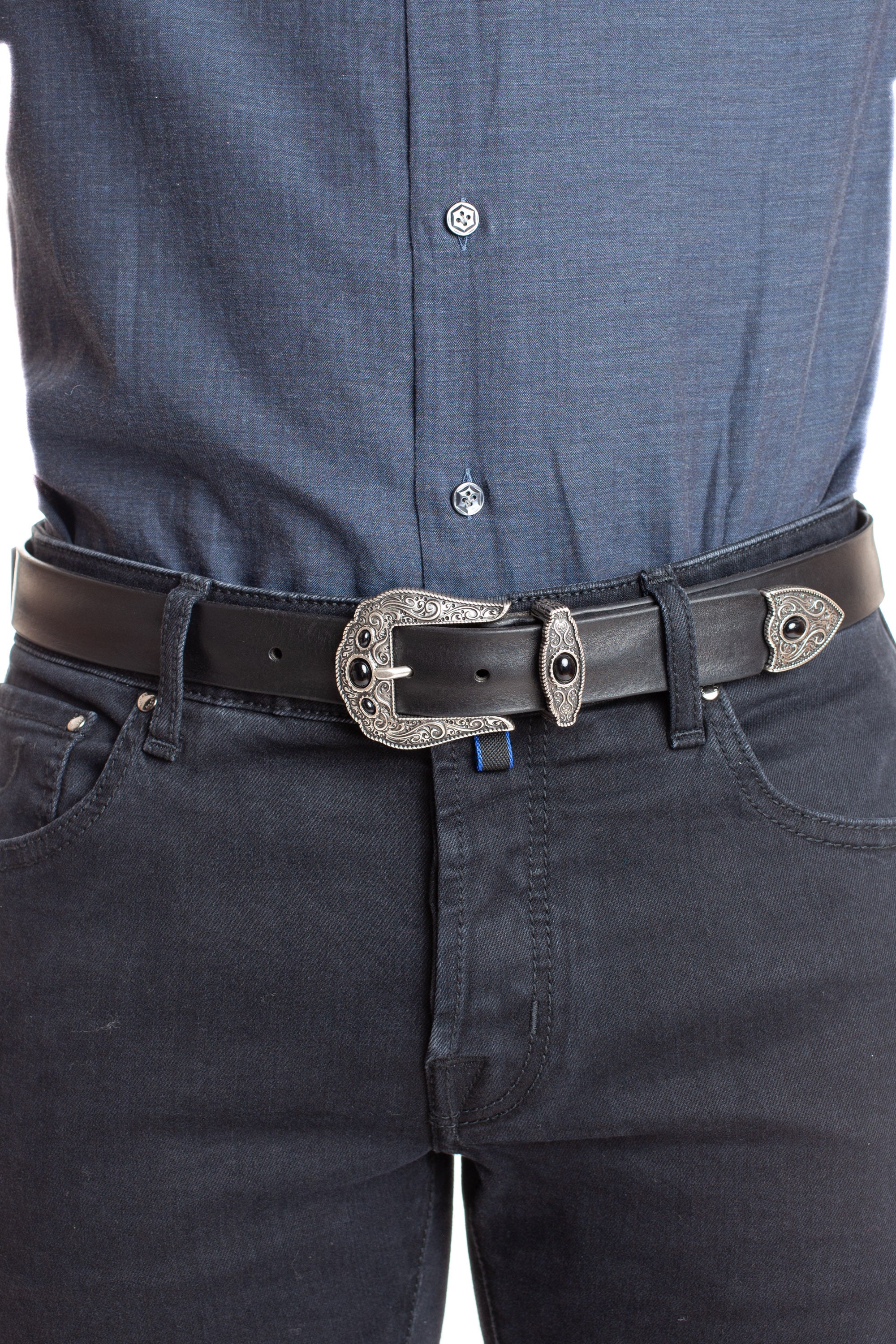 Leather belt with jewel buckle