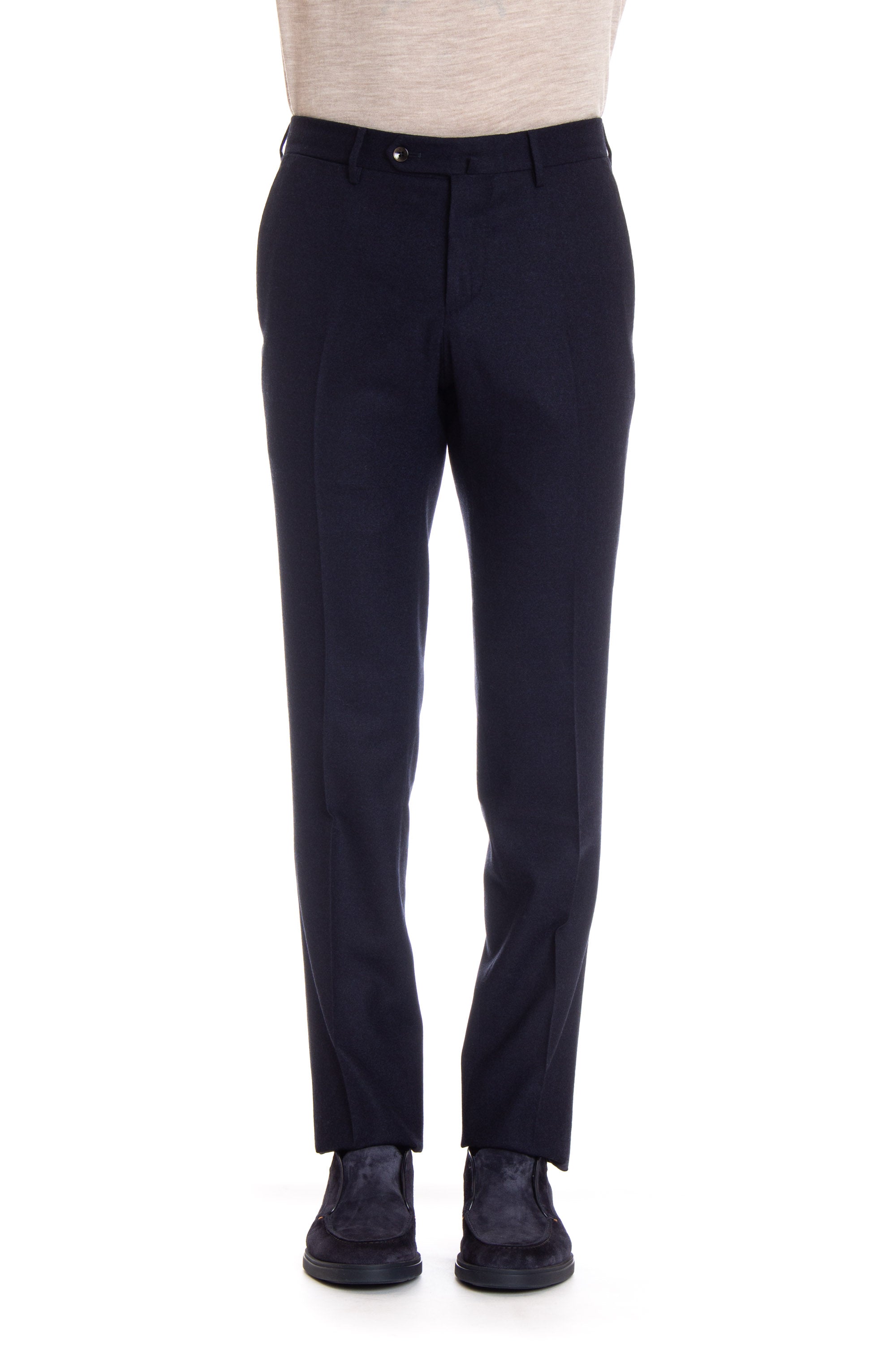 Super 130's slim fit flat front wool trousers