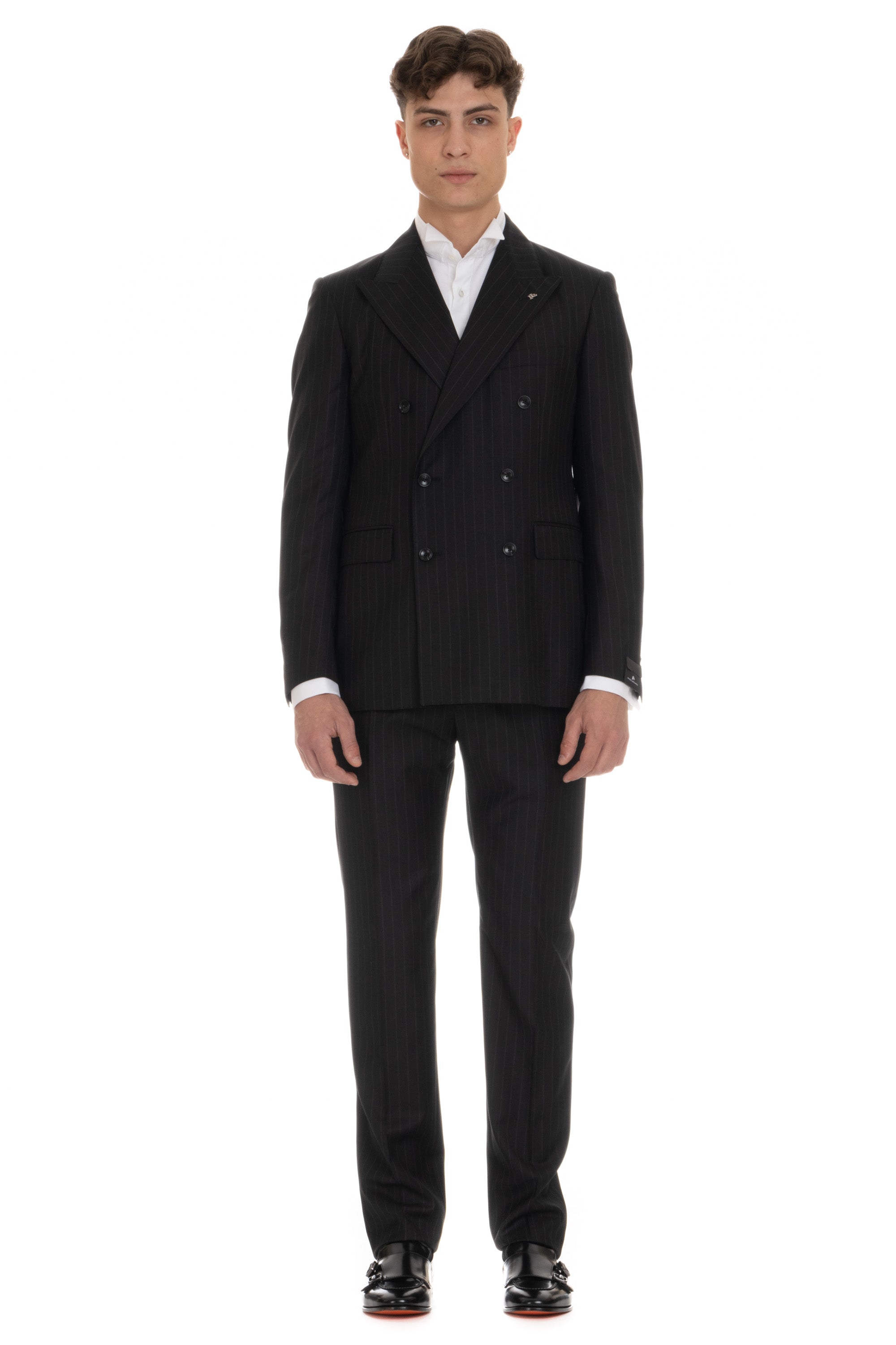 Double-breasted wool pinstripe suit mod. Black