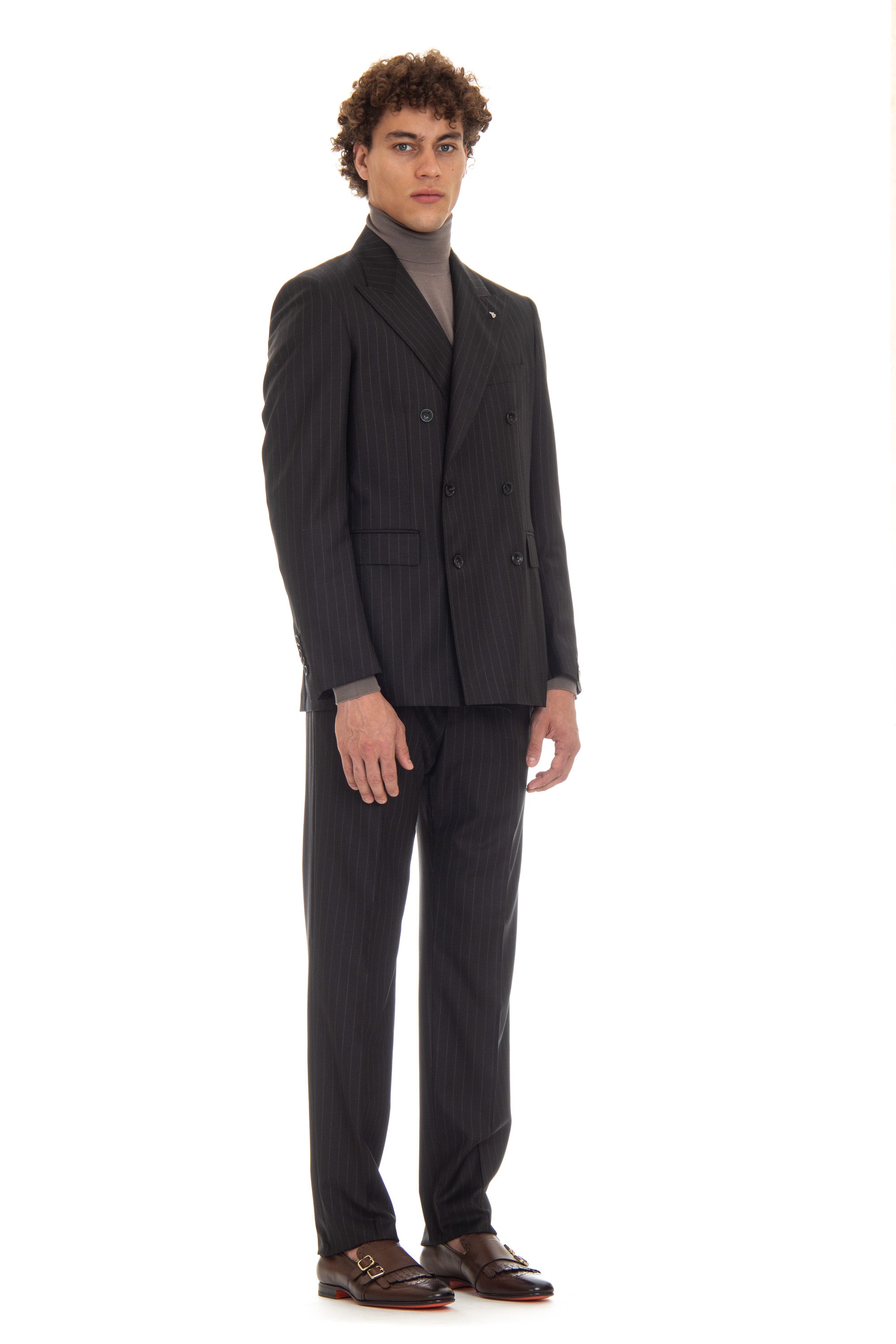 Double-breasted wool pinstripe suit mod. Black