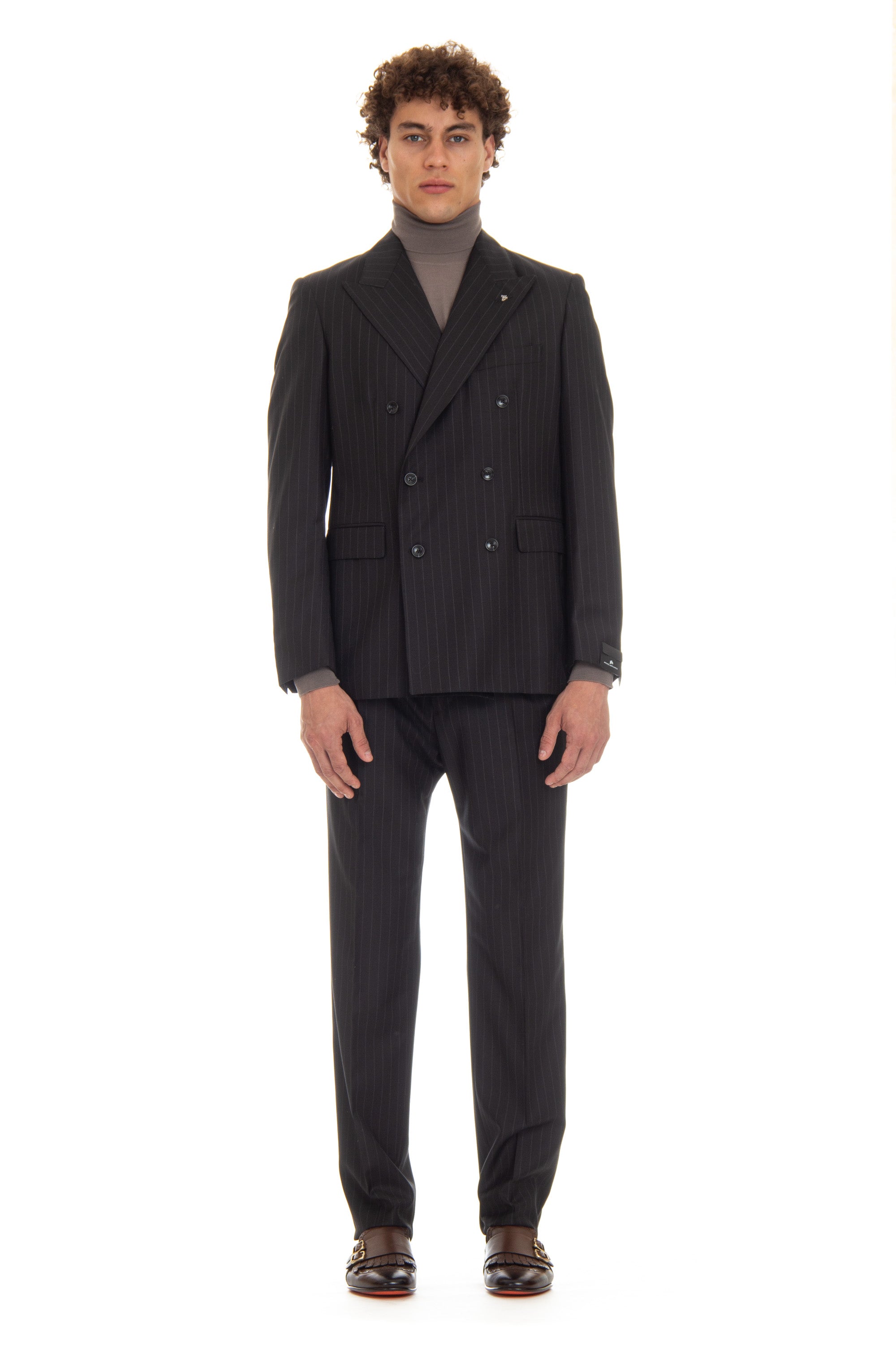 Double-breasted wool pinstripe suit mod. Black