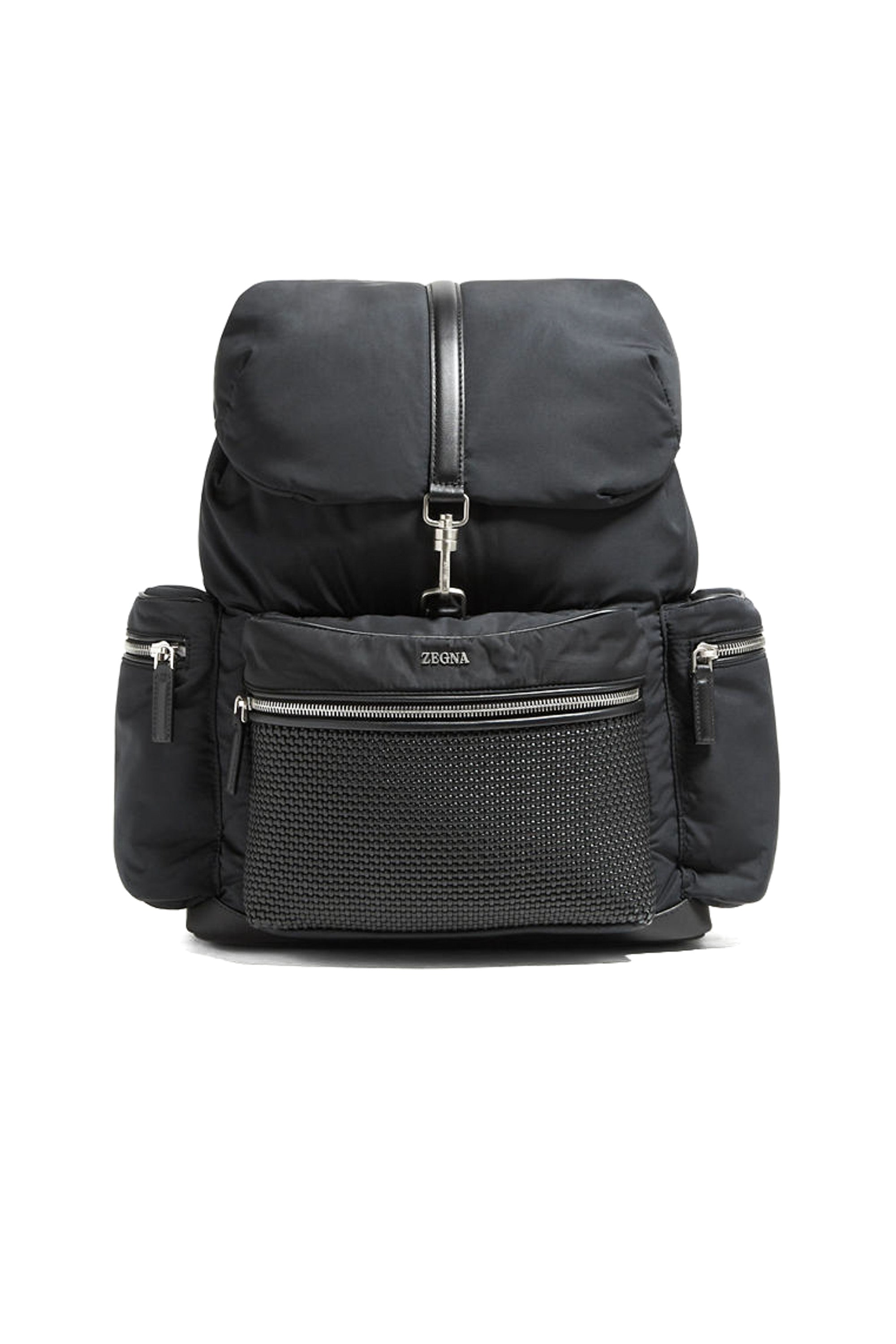 Backpack in nylon and woven leather