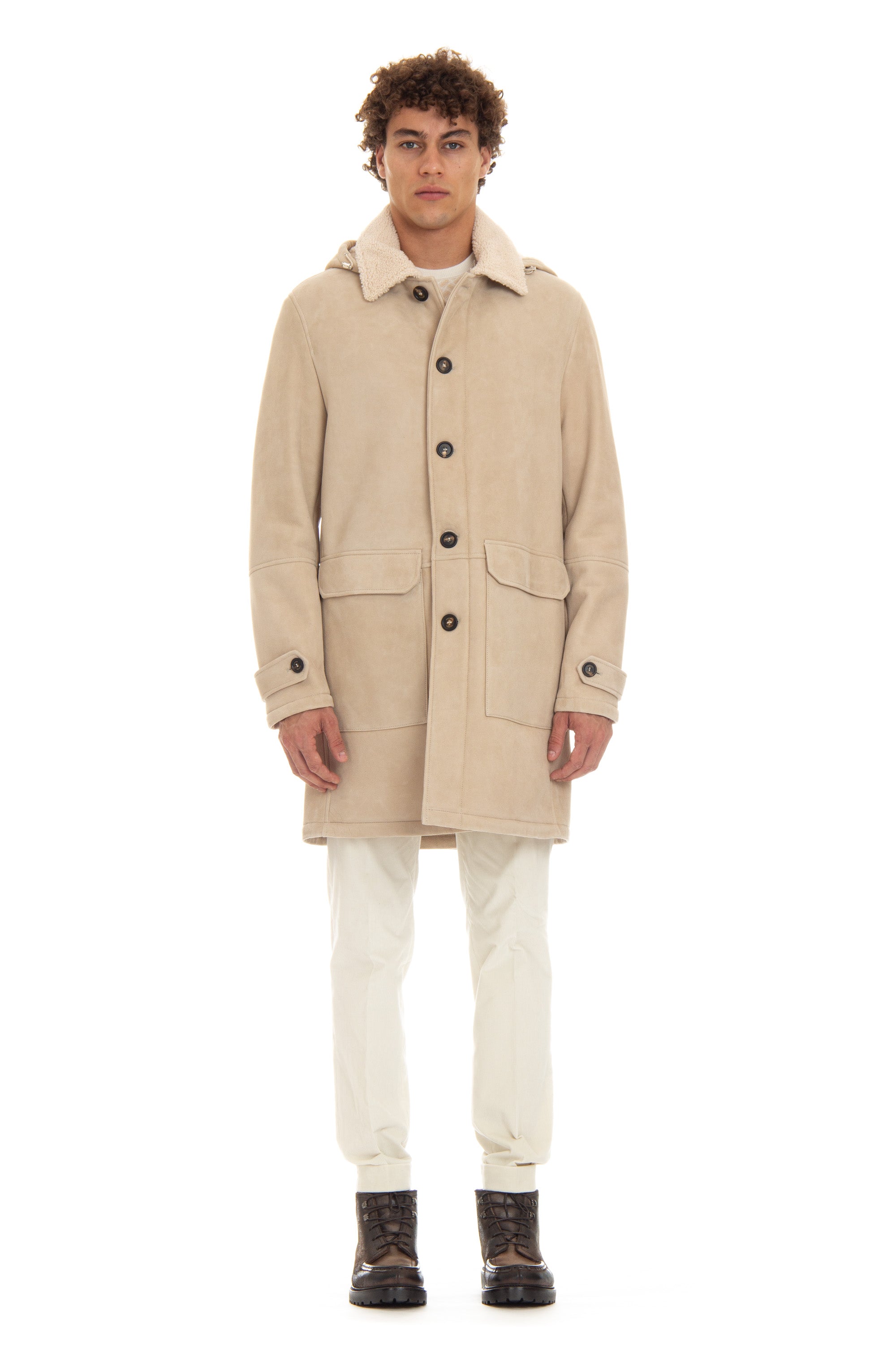 Sheepskin coat with detachable hood