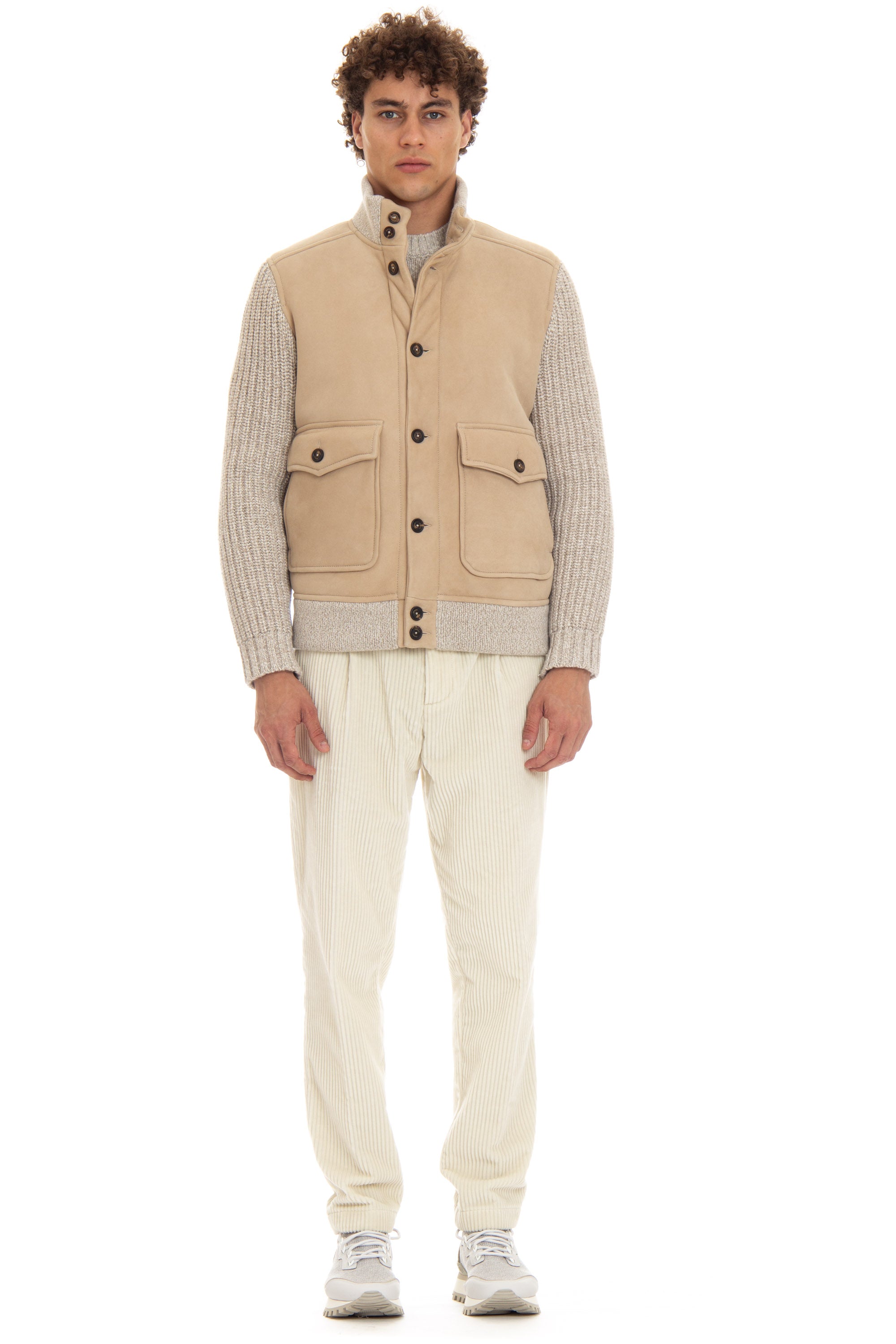 Sheepskin bomber jacket with knitted sleeves