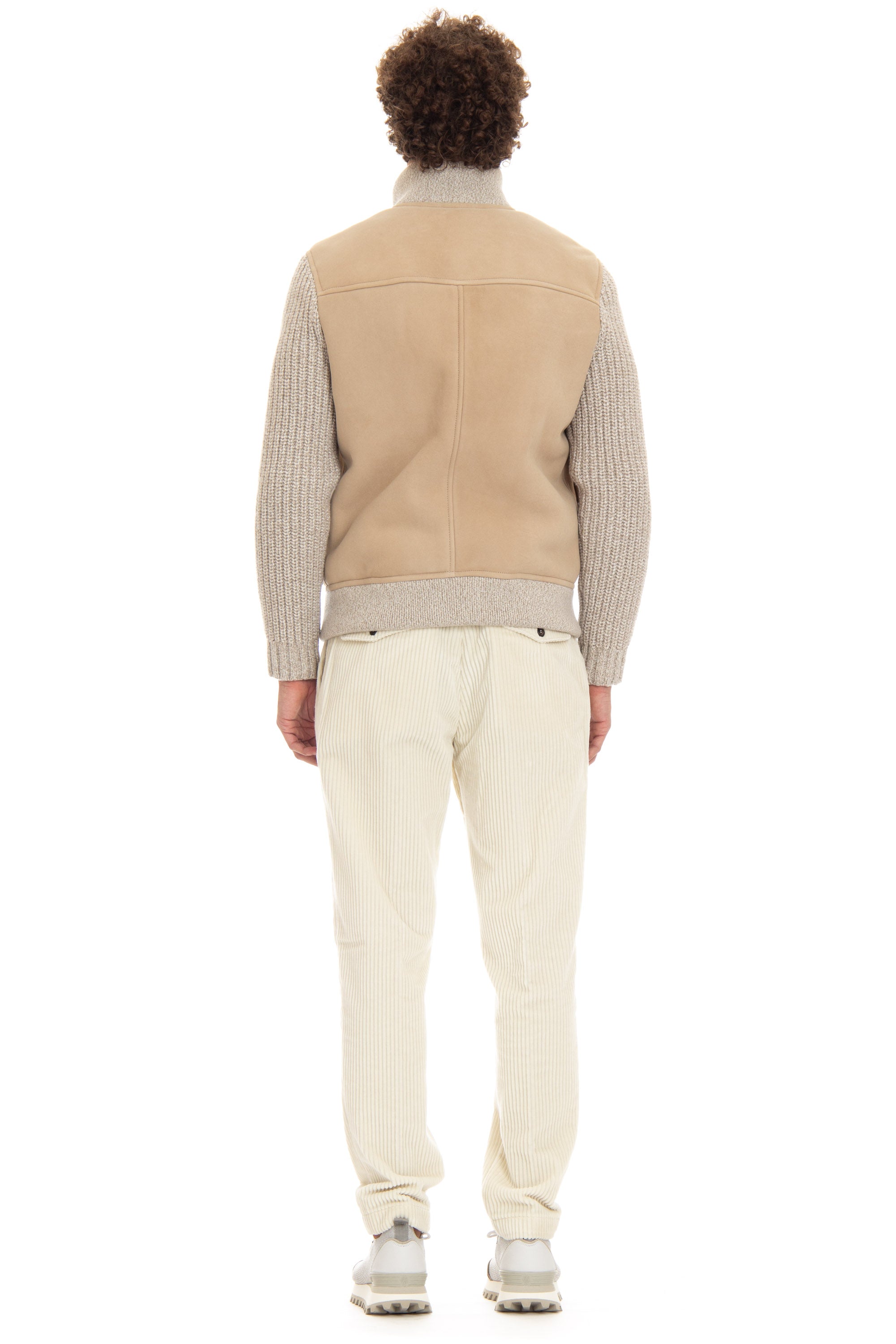 Sheepskin bomber jacket with knitted sleeves