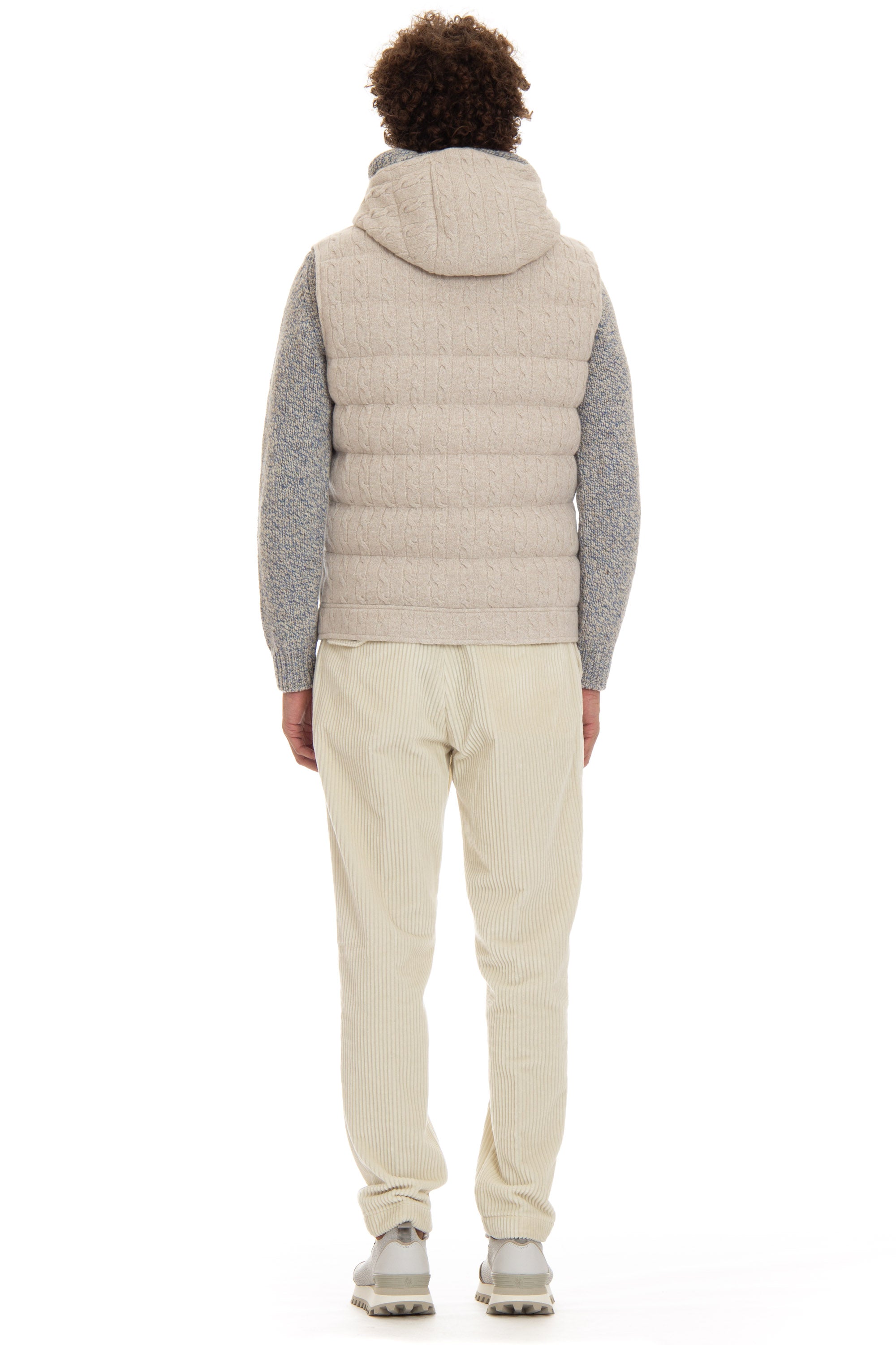 Wool-cashmere cable knit vest with hood