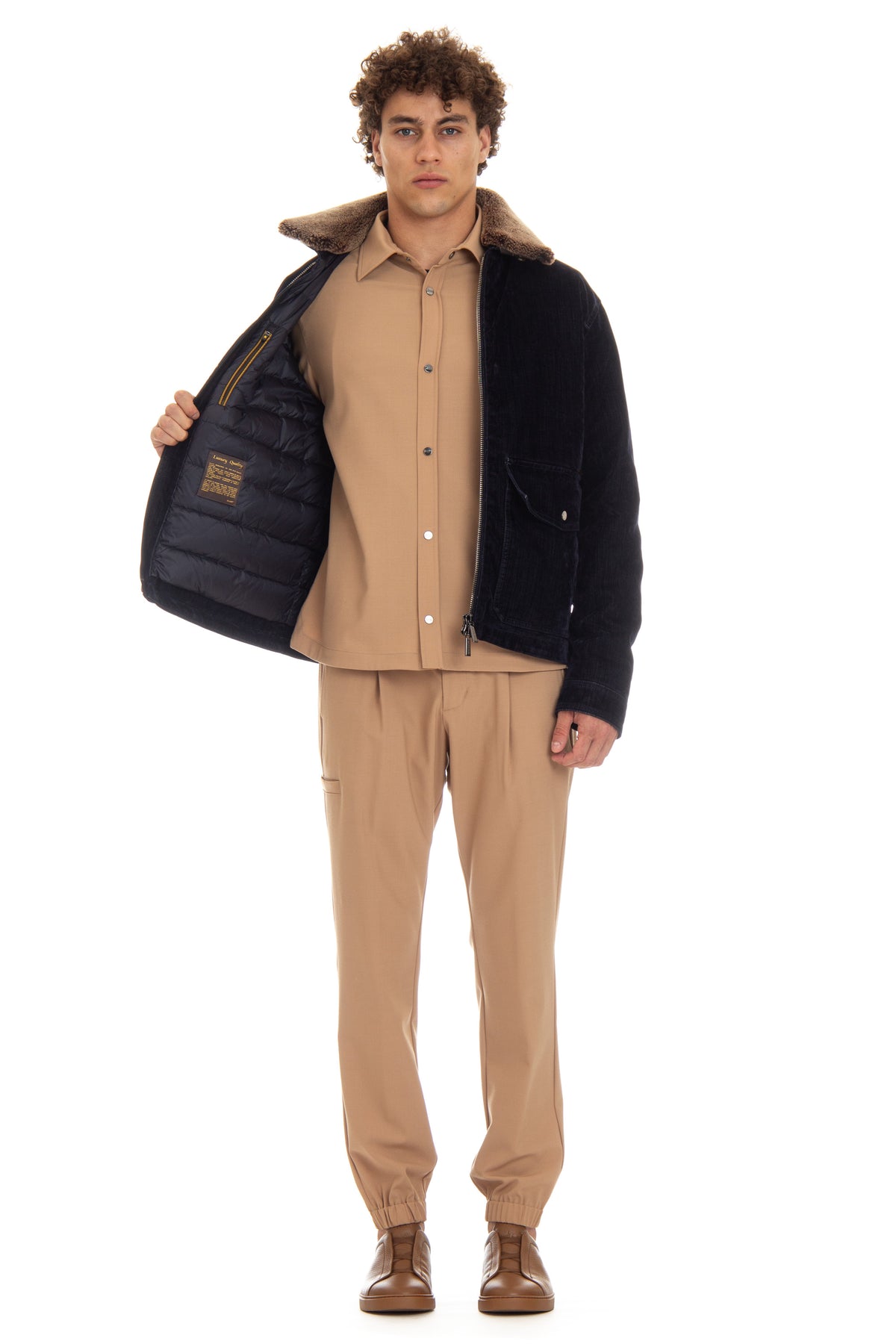Moorer Bomber in denim floccato imbottito in piuma con collo in montone HENDRIC-41 DARK BLU 