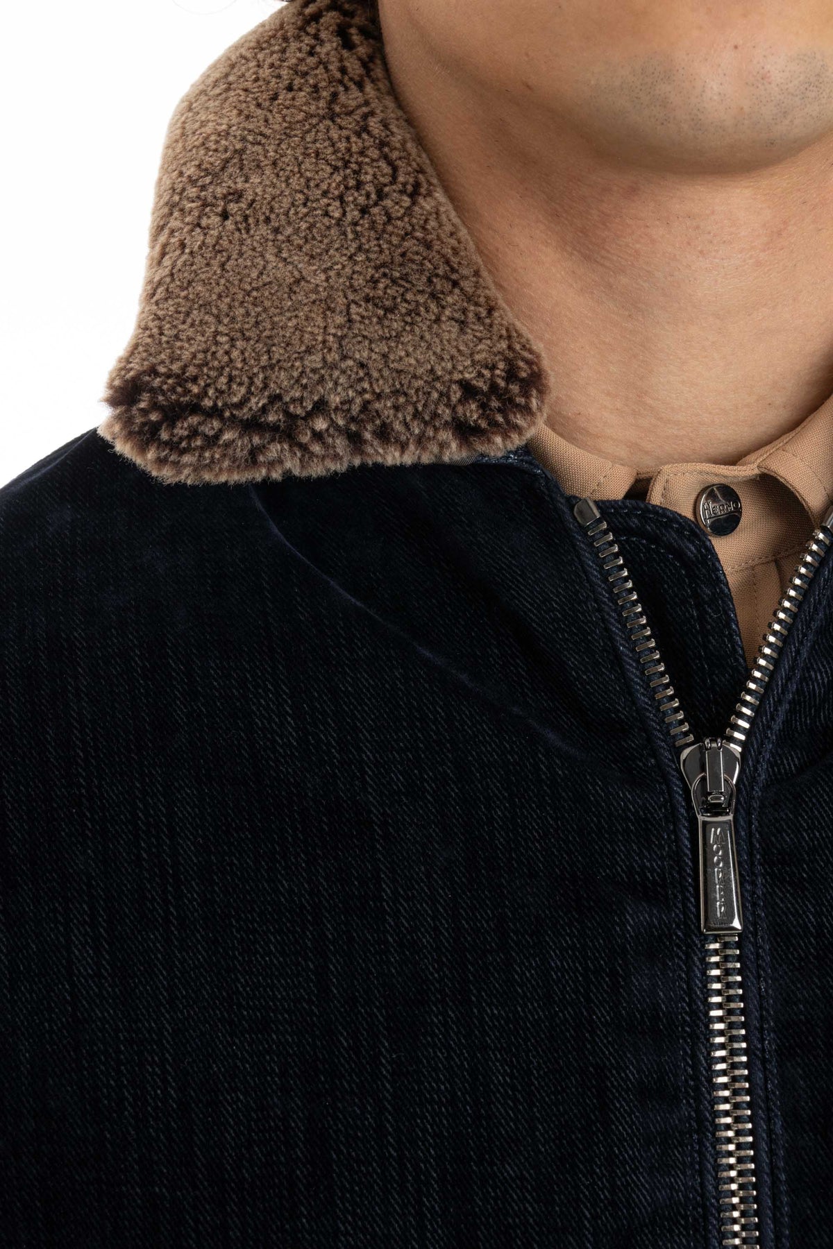 Moorer Bomber in denim floccato imbottito in piuma con collo in montone HENDRIC-41 DARK BLU 