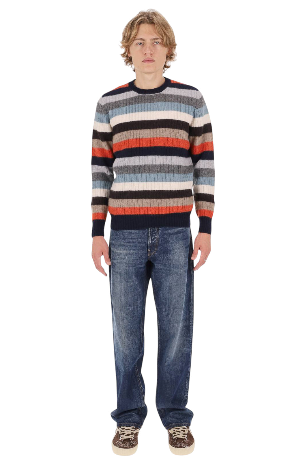 Drumohr Maglia girocollo garzata a righe in lana di agnello D4W143NRL 002 