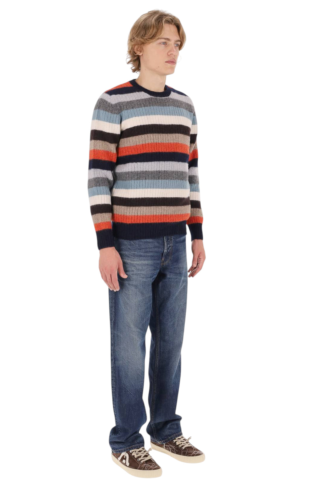 Drumohr Maglia girocollo garzata a righe in lana di agnello D4W143NRL 002 