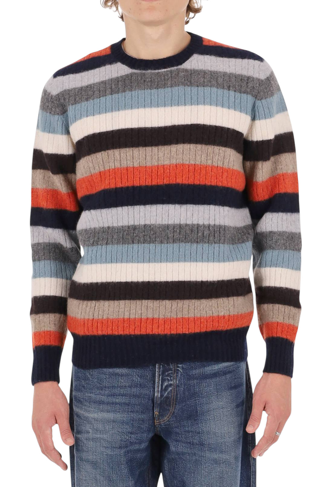Drumohr Maglia girocollo garzata a righe in lana di agnello D4W143NRL 002 