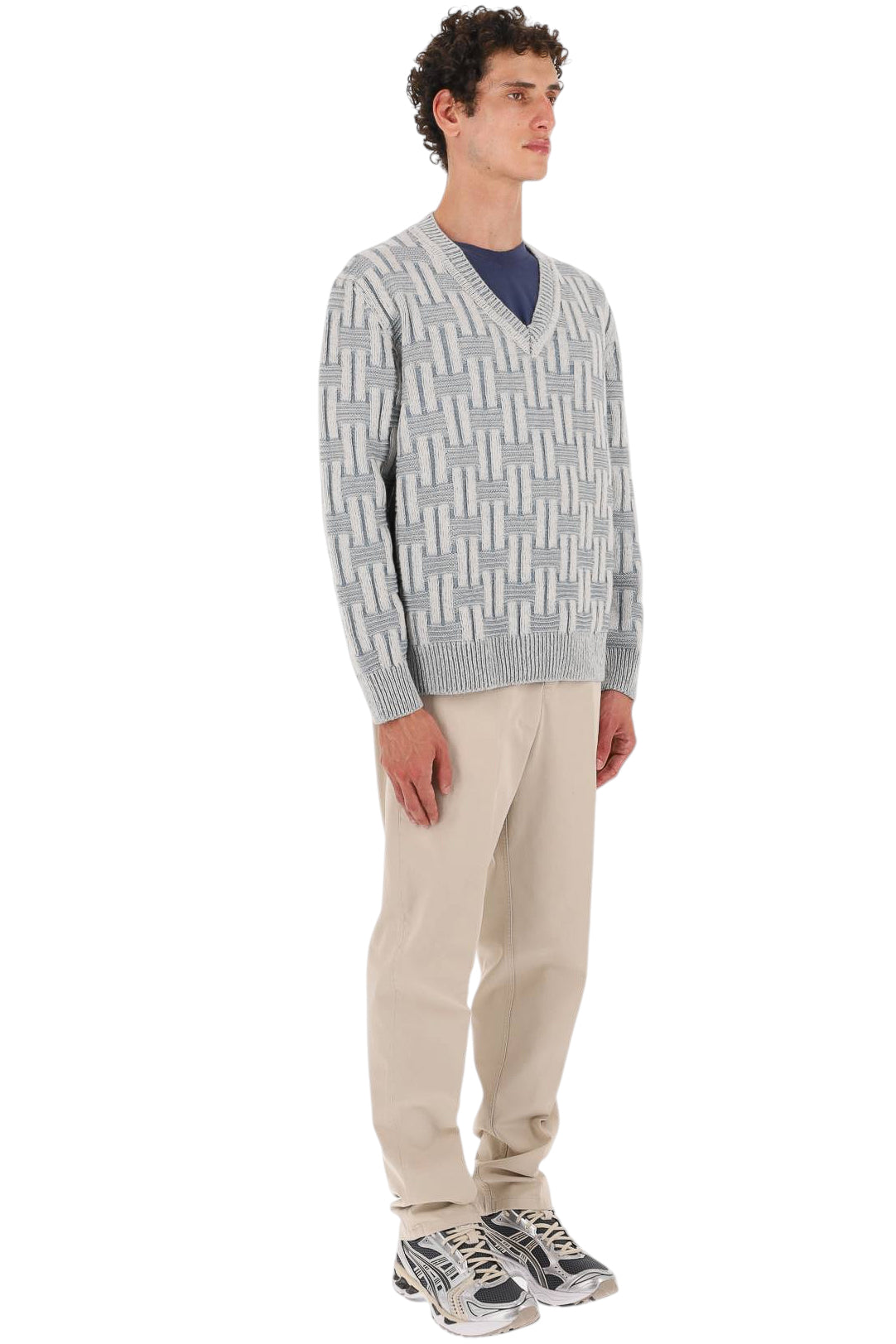 Drumohr Maglia scollo V geometrica in lana di agnello D8W481BI 004 